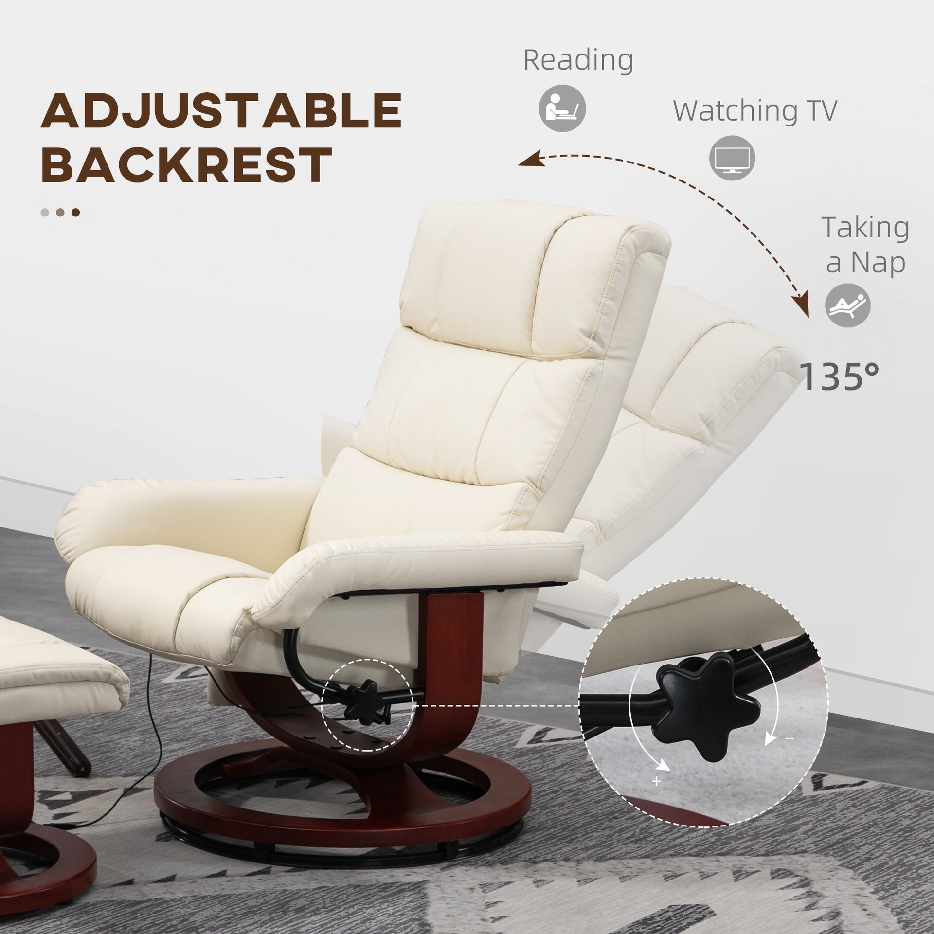 HOMCOM Swivel Recliner with Ottoman Massage, Recliner Chair and Ottoman, Faux Leather Reclining Chair with Remote, Cream White