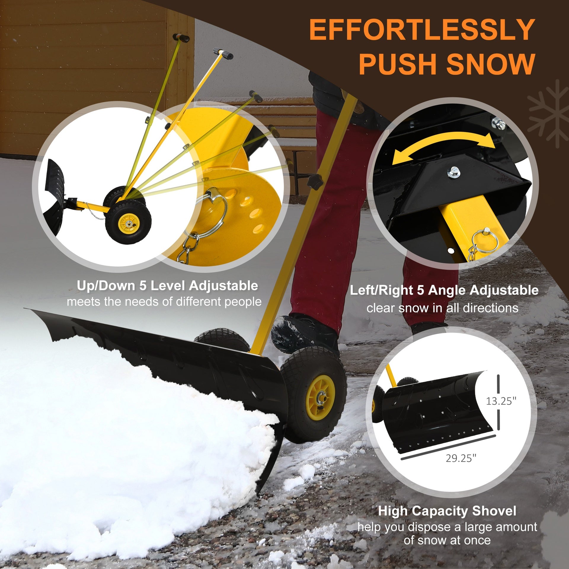 Outsunny 29" Blade Rolling Snow Pusher Shovel with Wheels and Adjustable Handle Yellow