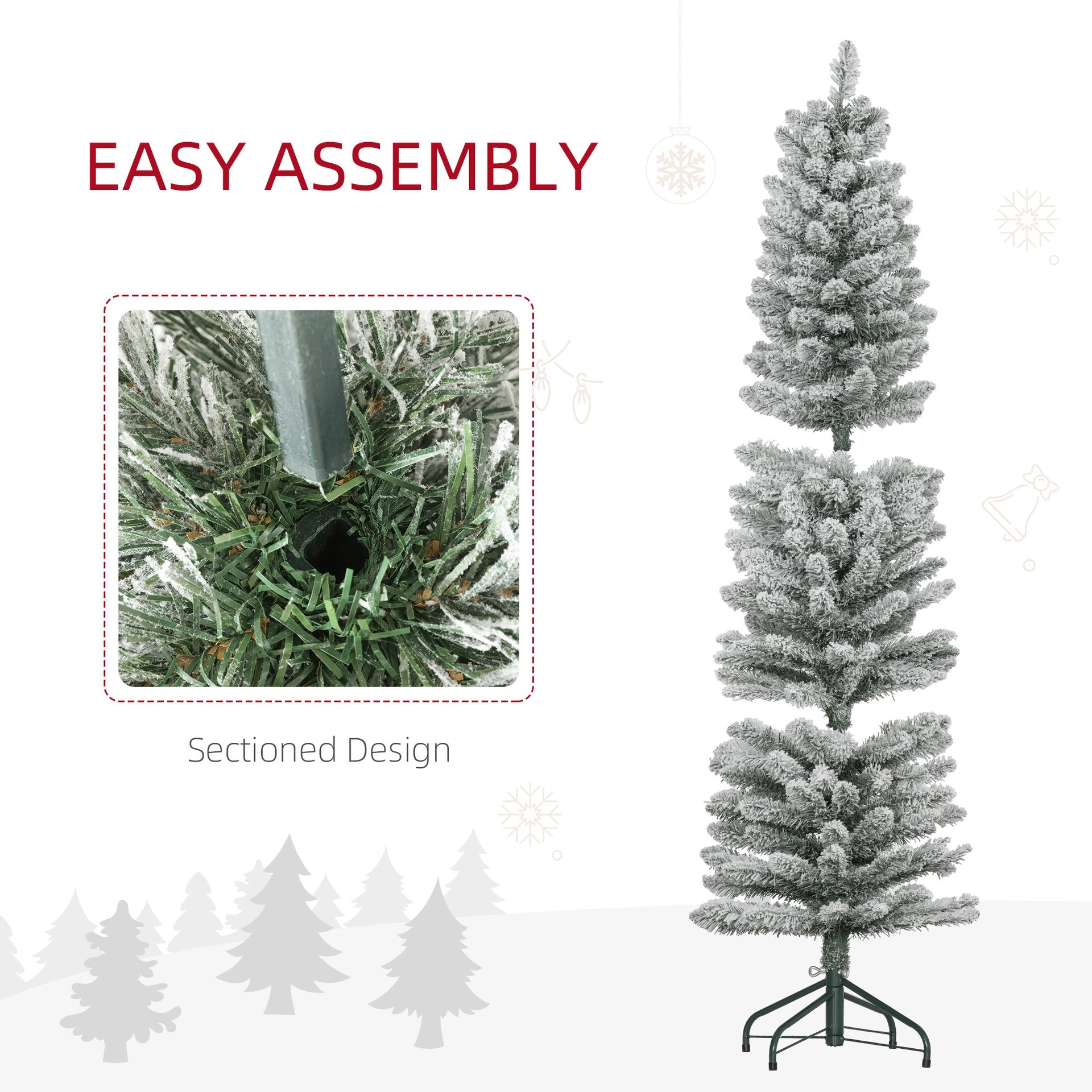 HOMCOM 5ft Artificial Christmas Tree, Snow Flocked Branches, Metal Base, Pencil Xmas Tree