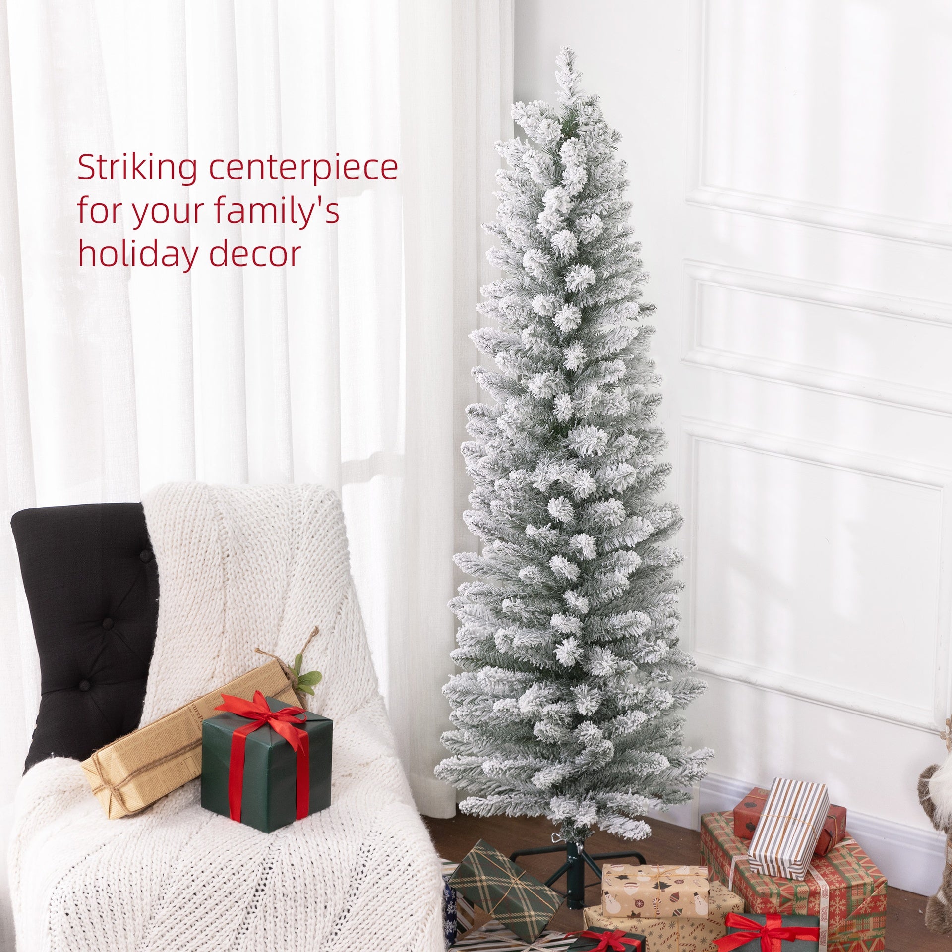 HOMCOM 5ft Artificial Christmas Tree, Snow Flocked Branches, Metal Base, Pencil Xmas Tree