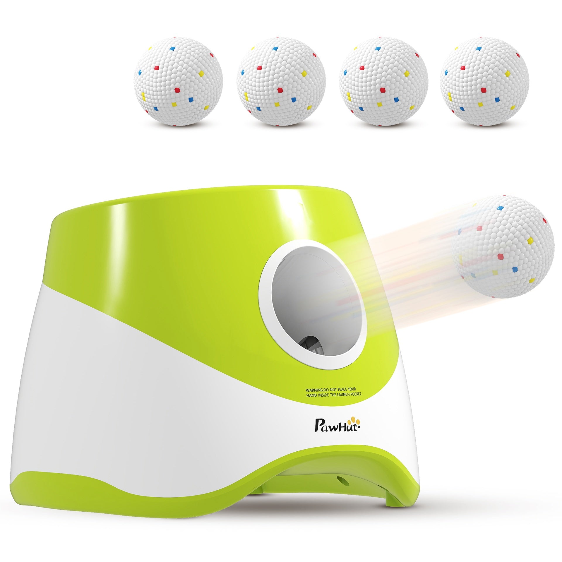 PawHut Automatic Dog Ball Launcher, Dog Ball Thrower with 5 2.3" ETPU Balls, 3 Distance Settings (20/33/46 ft) for Small Medium Pets, Green