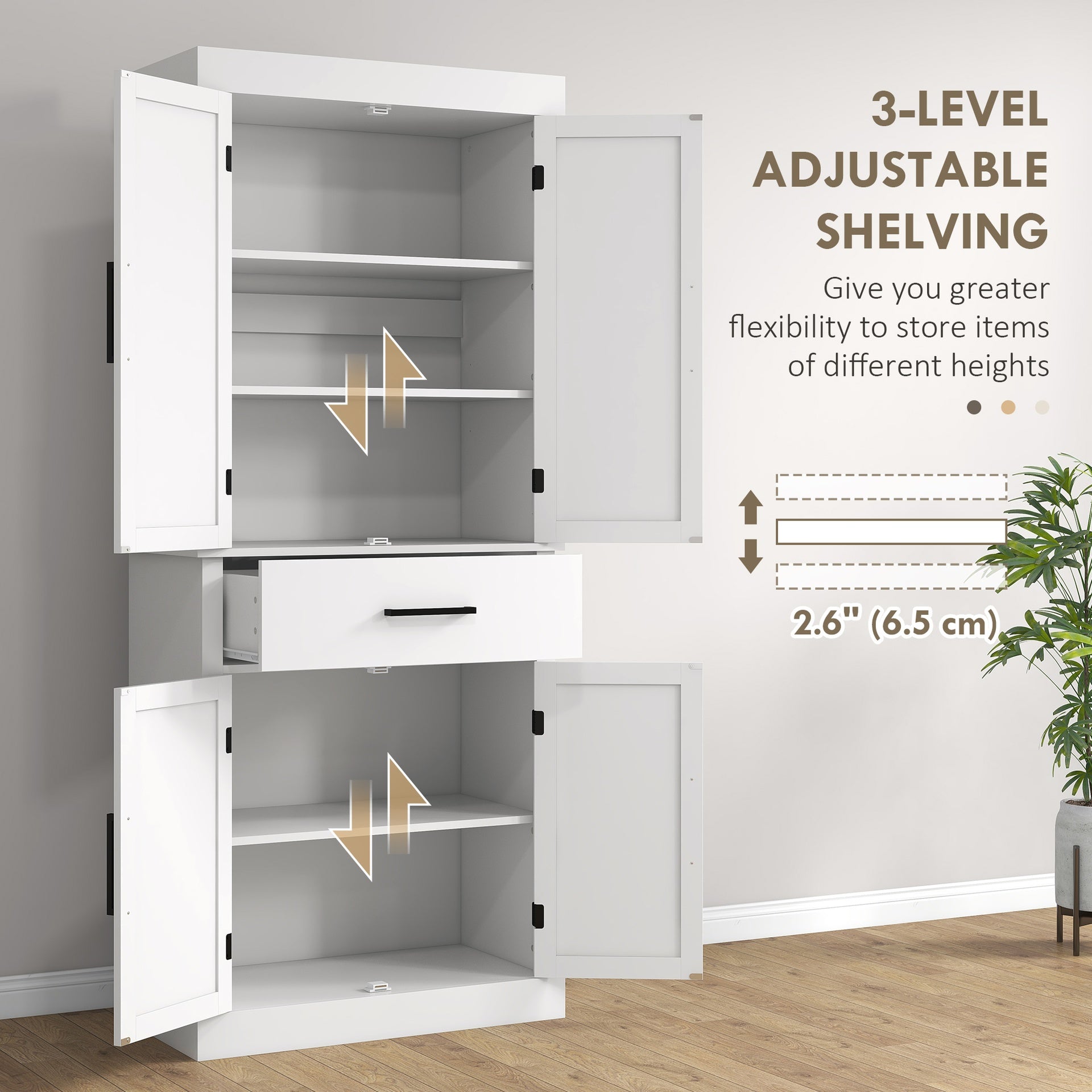 HOMCOM 72" Tall Kitchen Cabinet, Kitchen Pantry Cabinet with Barn Doors, Drawer, 5-Tier Shelf and Adjustable Shelves, White