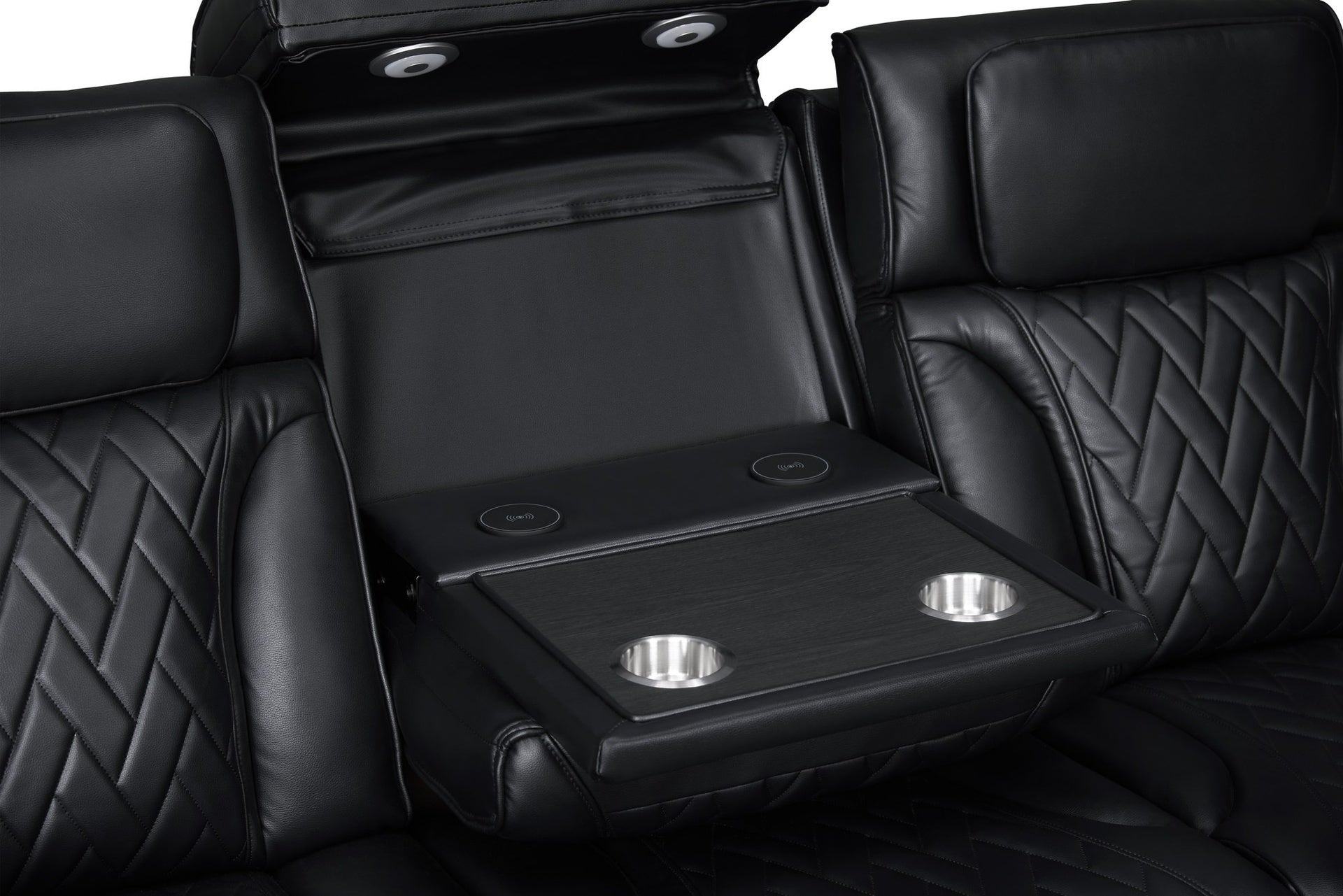 Jazz 84"W Black Leather Aire Transformer Power Reclining Sofa with Power Headrest, LED Lights, Wireless Charging Drop-Down Table, USB & USB-C Ports, Storage & Cupholders