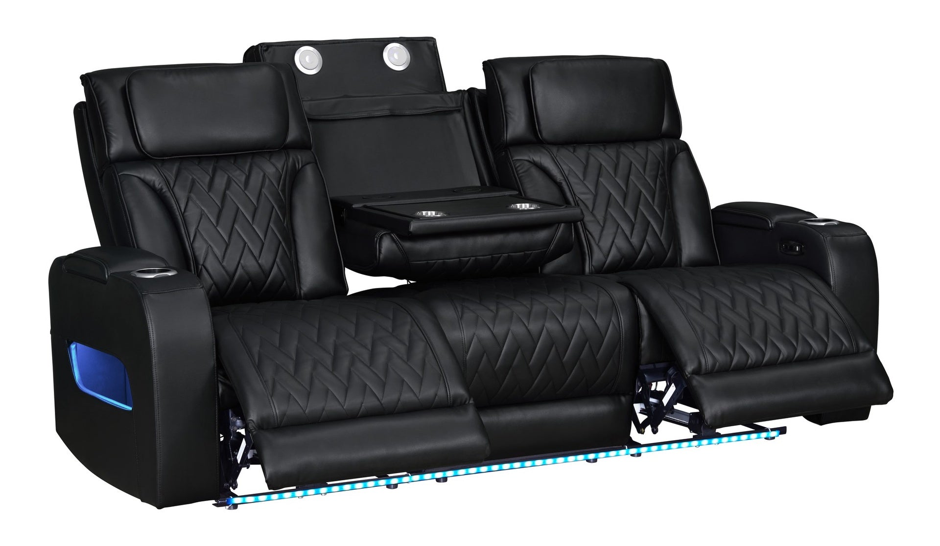 Jazz 84"W Black Leather Aire Transformer Power Reclining Sofa with Power Headrest, LED Lights, Wireless Charging Drop-Down Table, USB & USB-C Ports, Storage & Cupholders