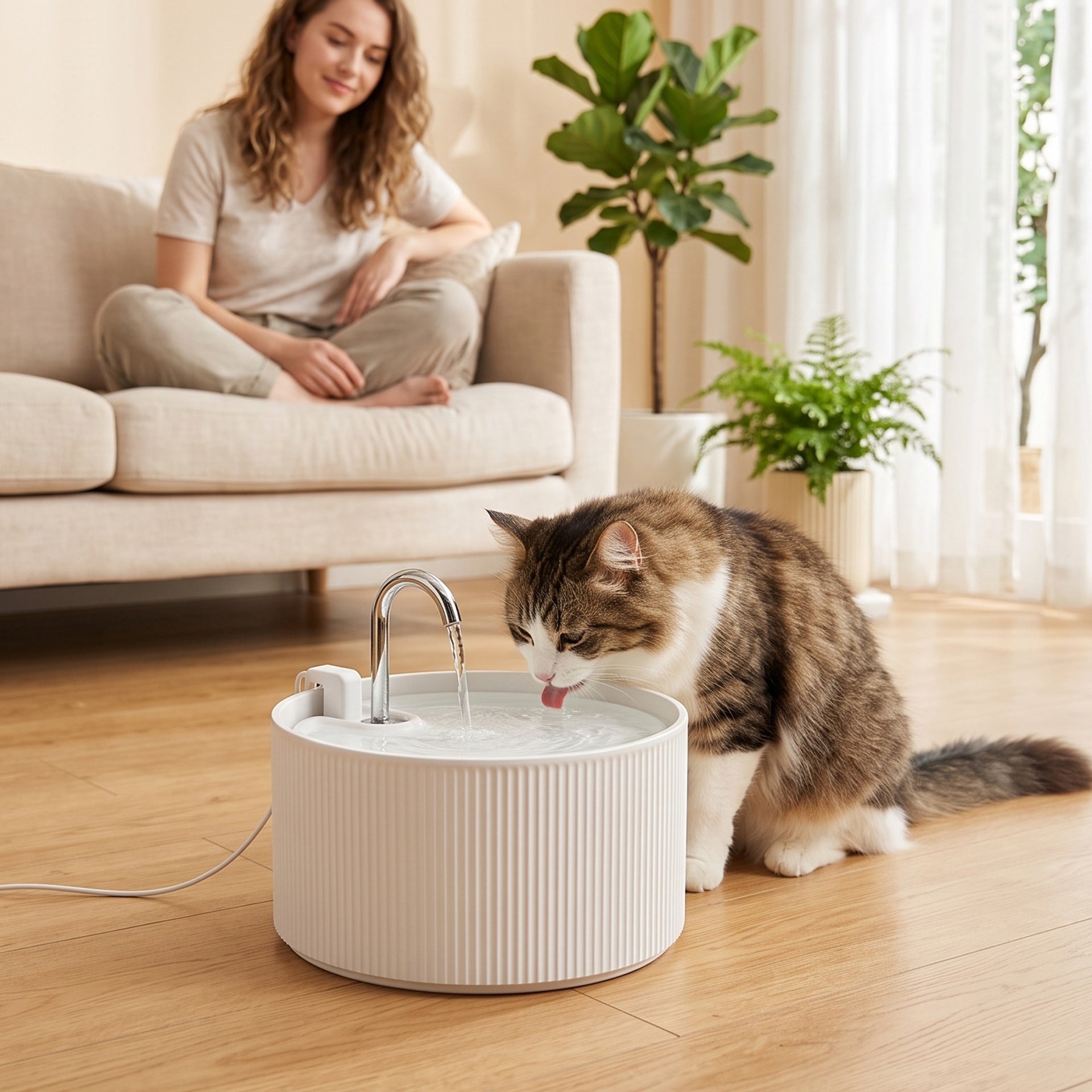 PawHut Ceramic Cat Water Fountain, 2.2L/74oz Pet Water Fountain with Ultra-Quiet Pump, 4-Layer Filtration, Faucet, White