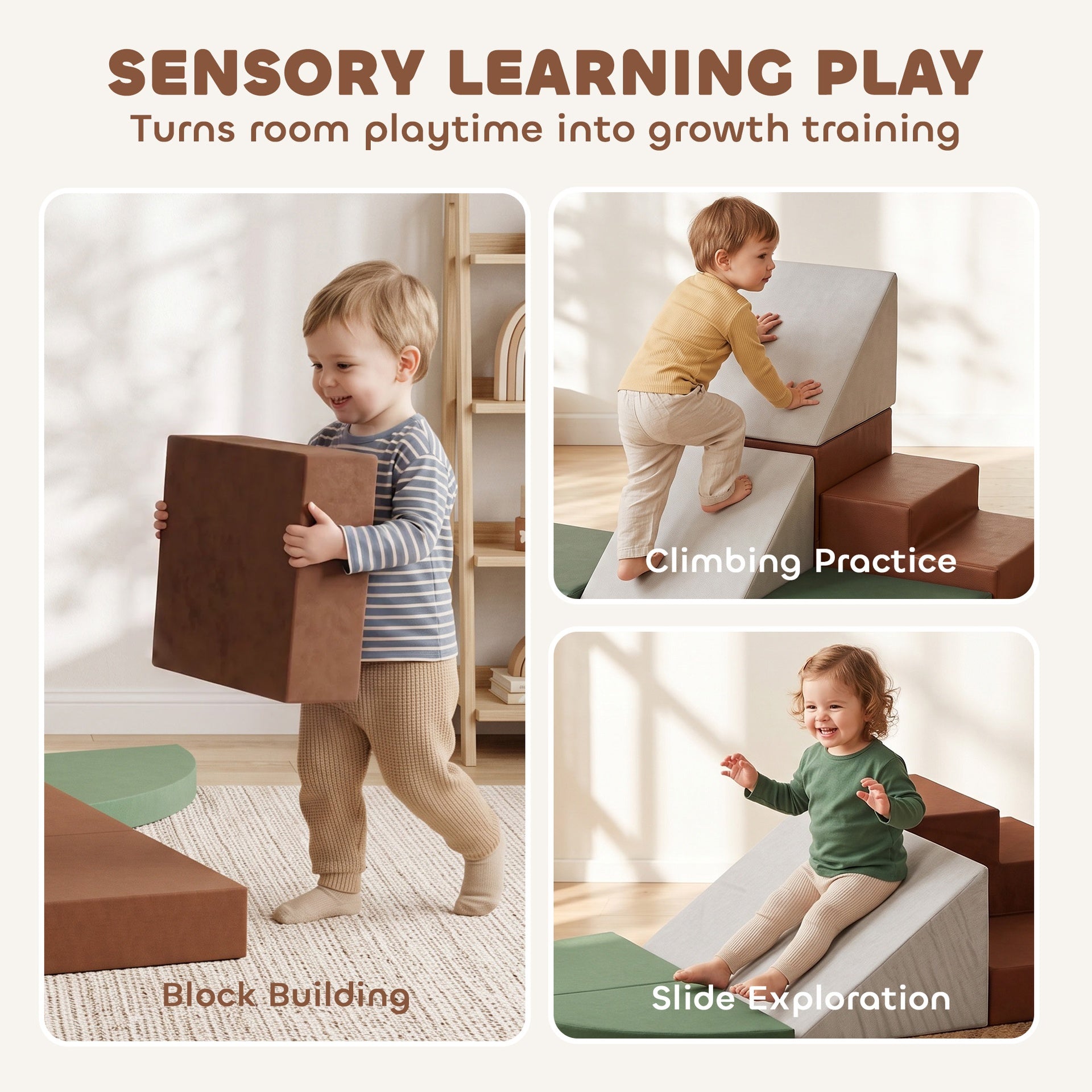 Qaba Foam Climbing Blocks, 8PCS Climbing Toys, Velvet Fabric, Foam, Non-Slip, Kids Soft Play Set for Crawling, Ages 1+, Brown