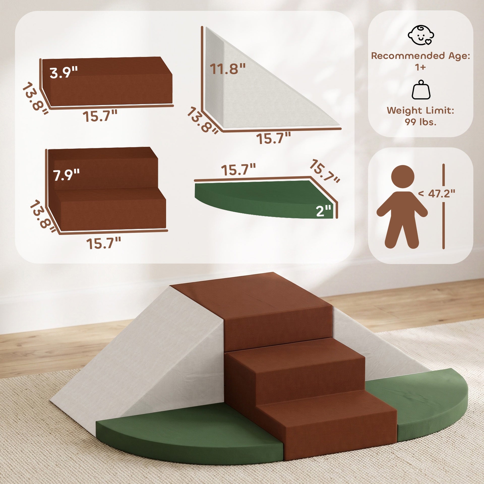 Qaba Foam Climbing Blocks, 8PCS Climbing Toys, Velvet Fabric, Foam, Non-Slip, Kids Soft Play Set for Crawling, Ages 1+, Brown