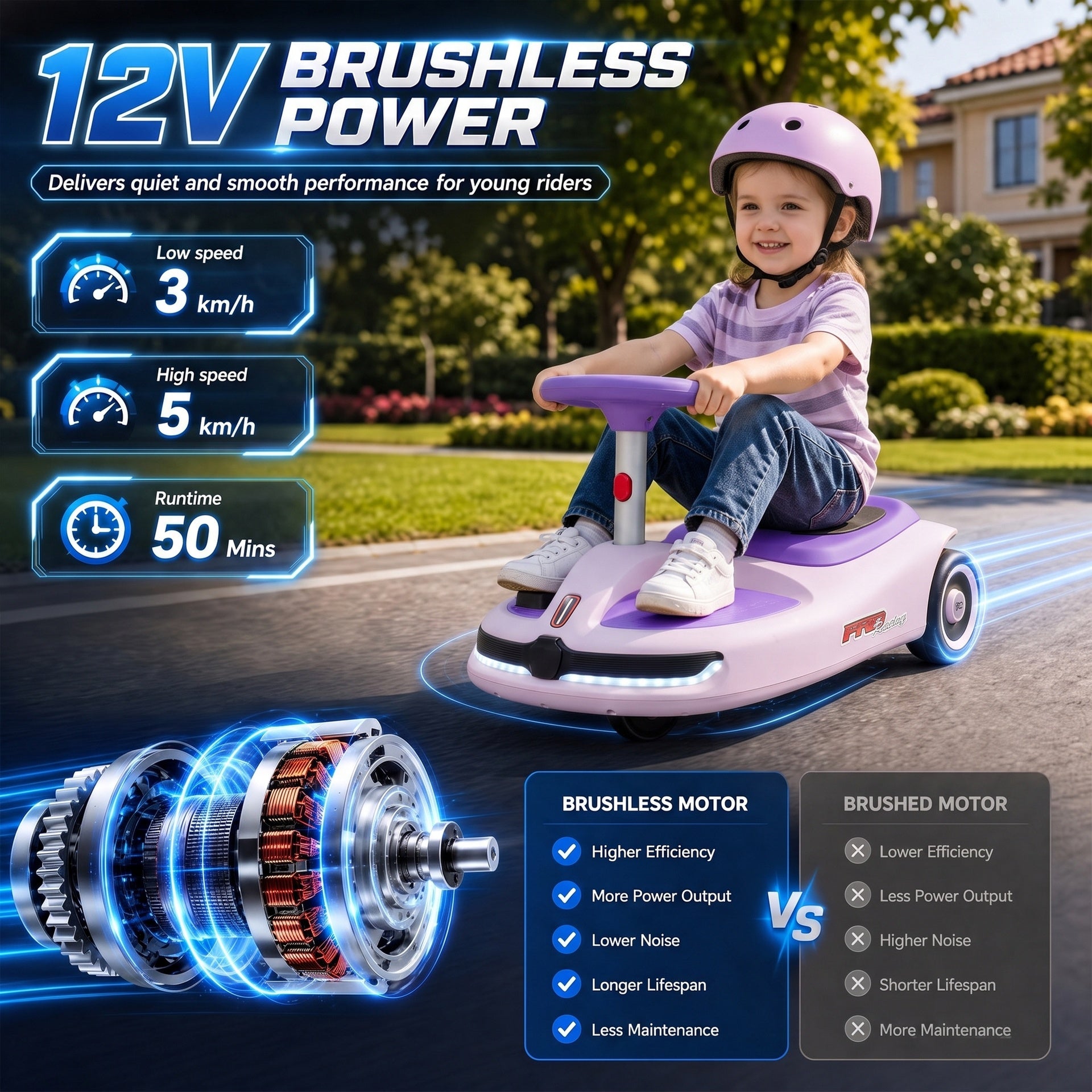 Qaba 12V Electric Wiggle Car with Convertible Steering Wheel Pull Handle, 2 Speed, Music, Lights for 3-5 Years, Purple, Light Pink, Black