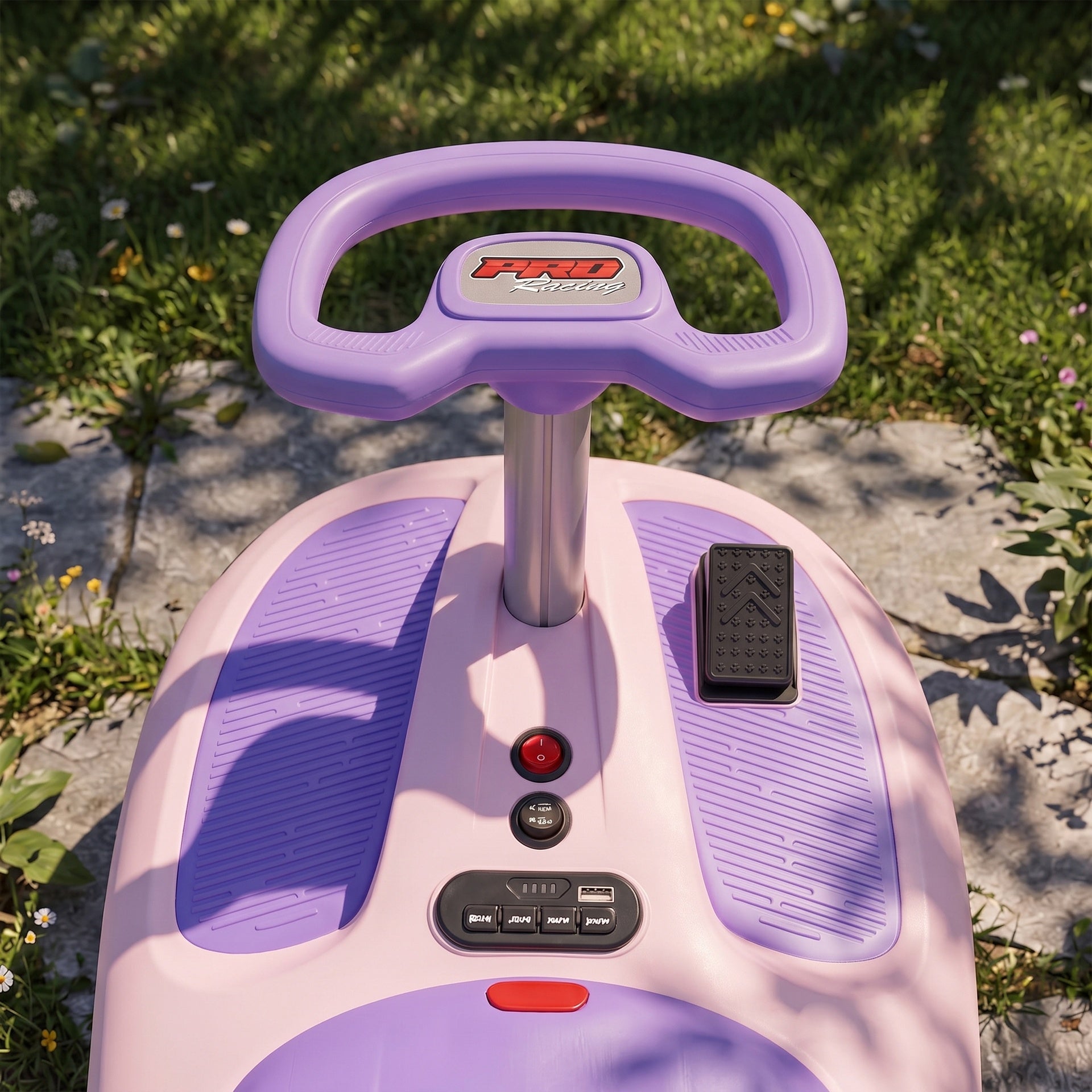 Qaba 12V Electric Wiggle Car with Convertible Steering Wheel Pull Handle, 2 Speed, Music, Lights for 3-5 Years, Purple, Light Pink, Black