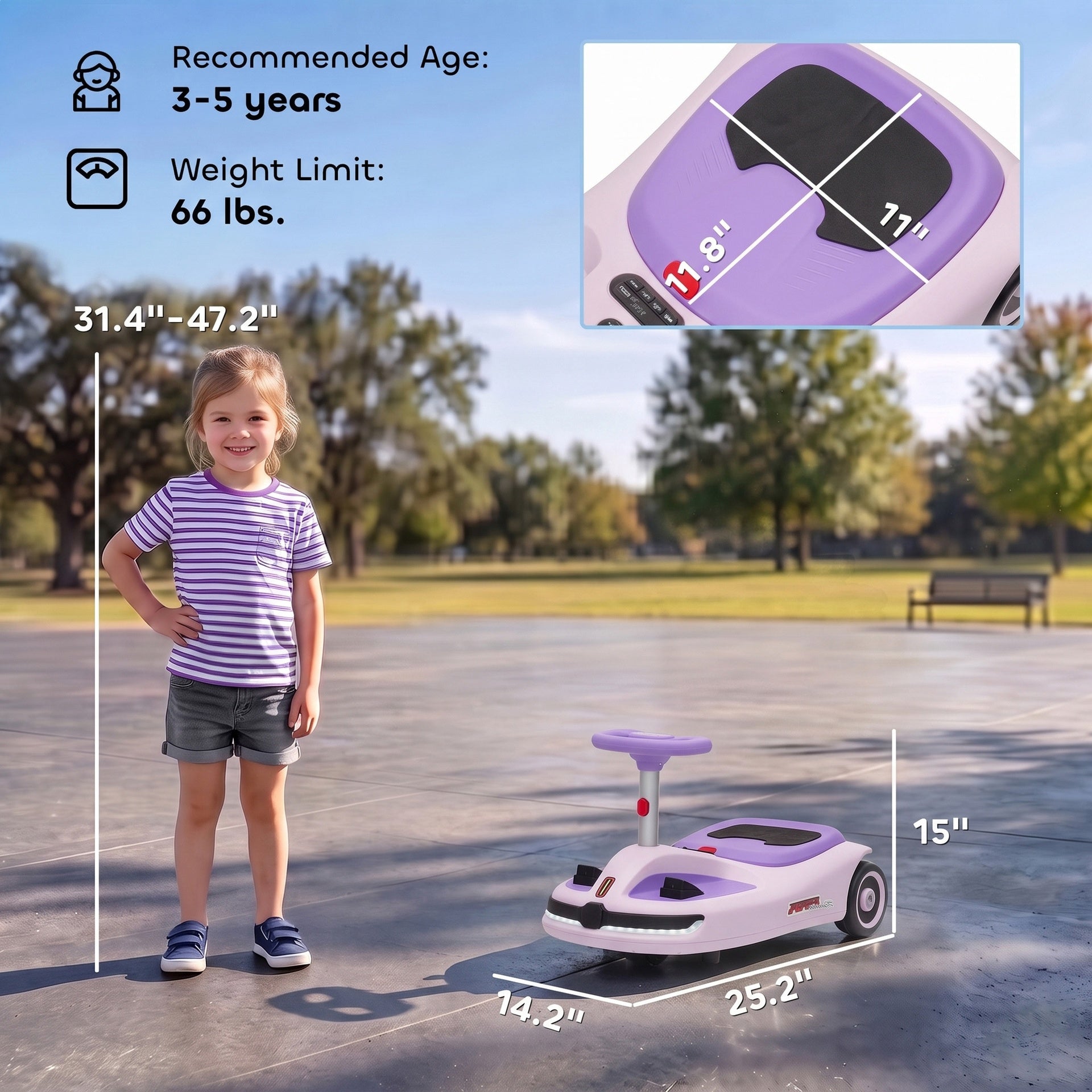 Qaba 12V Electric Wiggle Car with Convertible Steering Wheel Pull Handle, 2 Speed, Music, Lights for 3-5 Years, Purple, Light Pink, Black