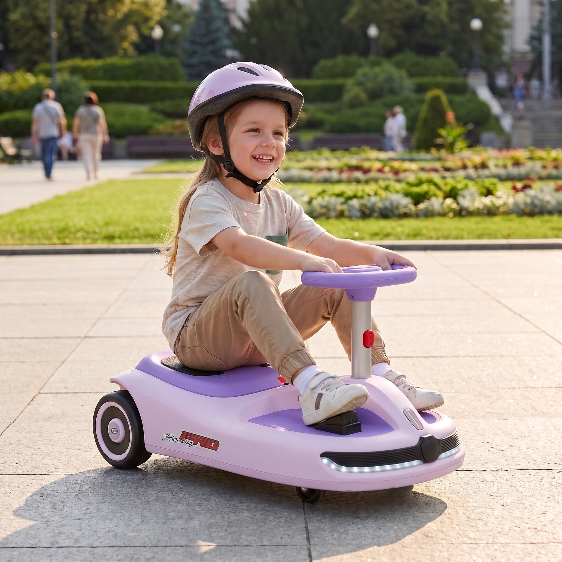 Qaba 12V Electric Wiggle Car with Convertible Steering Wheel Pull Handle, 2 Speed, Music, Lights for 3-5 Years, Purple, Light Pink, Black