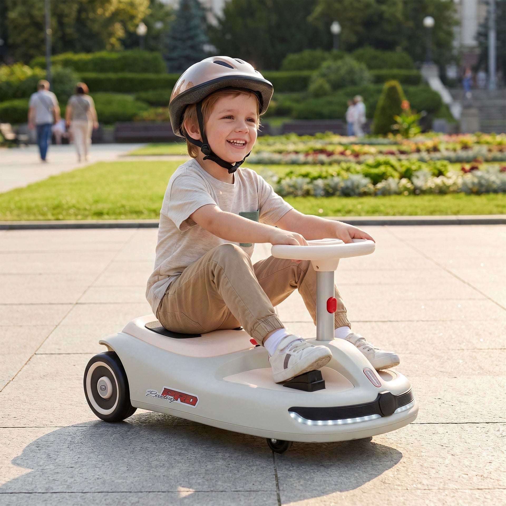 Qaba 12V Electric Wiggle Car with Convertible Steering Wheel Pull Handle, 2 Speed, Music, Lights for 3-5 Years, White