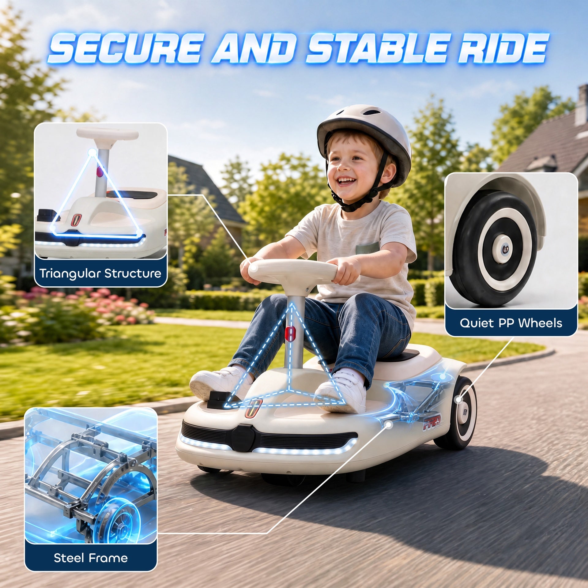 Qaba 12V Electric Wiggle Car with Convertible Steering Wheel Pull Handle, 2 Speed, Music, Lights for 3-5 Years, White