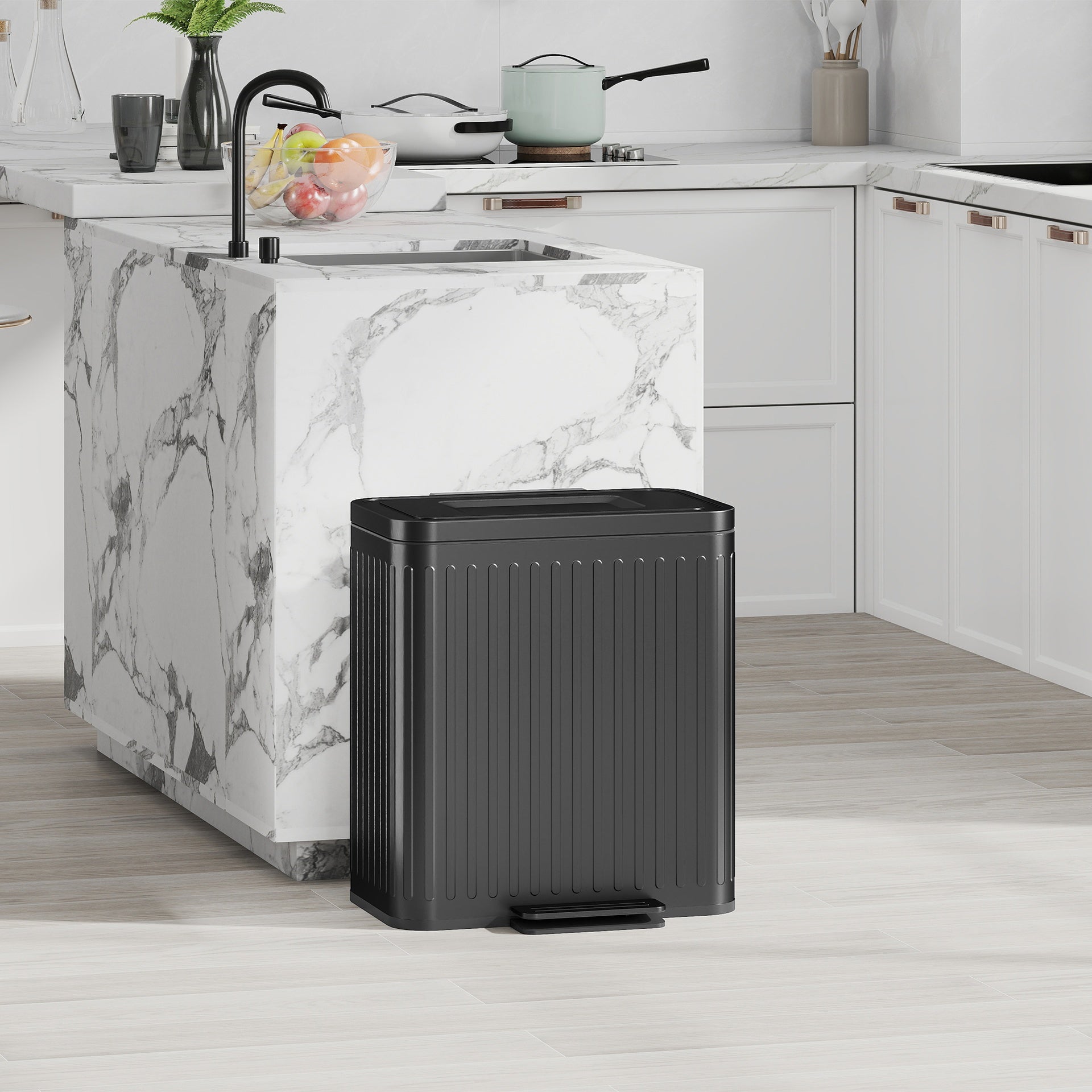 HOMCOM Trash Can with Lid, 2 x 5.3Gal Double Step-On Kitchen Trash Can, Removable Buckets, Black