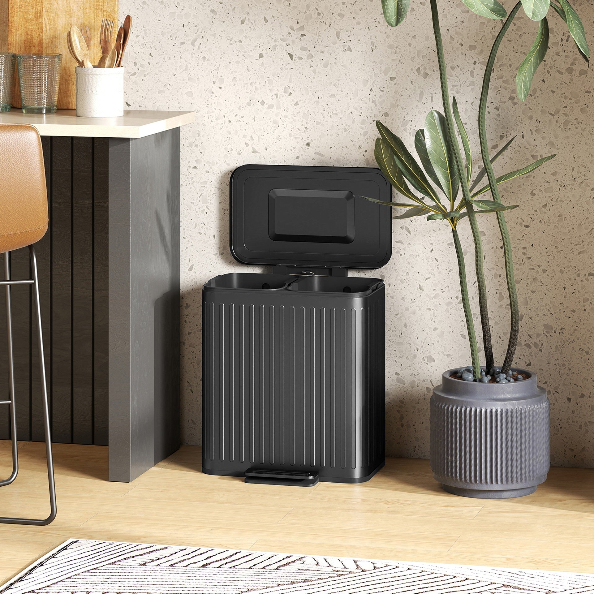 HOMCOM Trash Can with Lid, 2 x 5.3Gal Double Step-On Kitchen Trash Can, Removable Buckets, Black