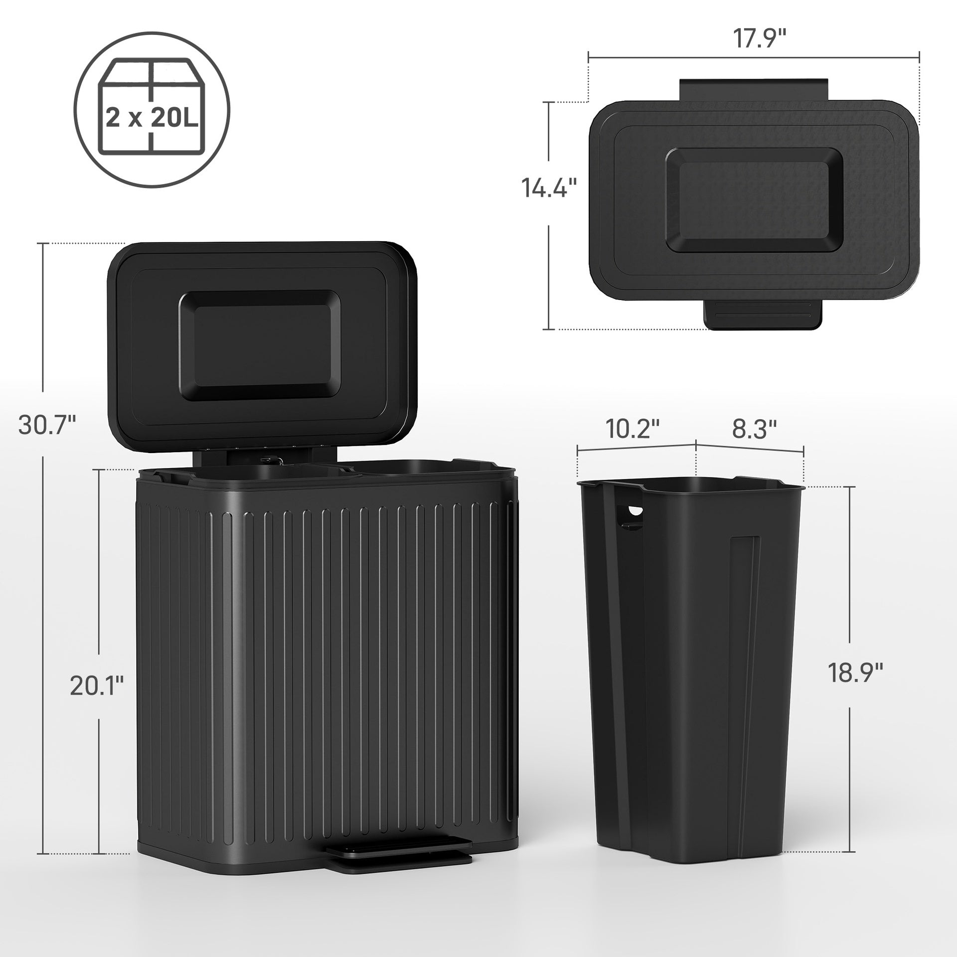 HOMCOM Trash Can with Lid, 2 x 5.3Gal Double Step-On Kitchen Trash Can, Removable Buckets, Black