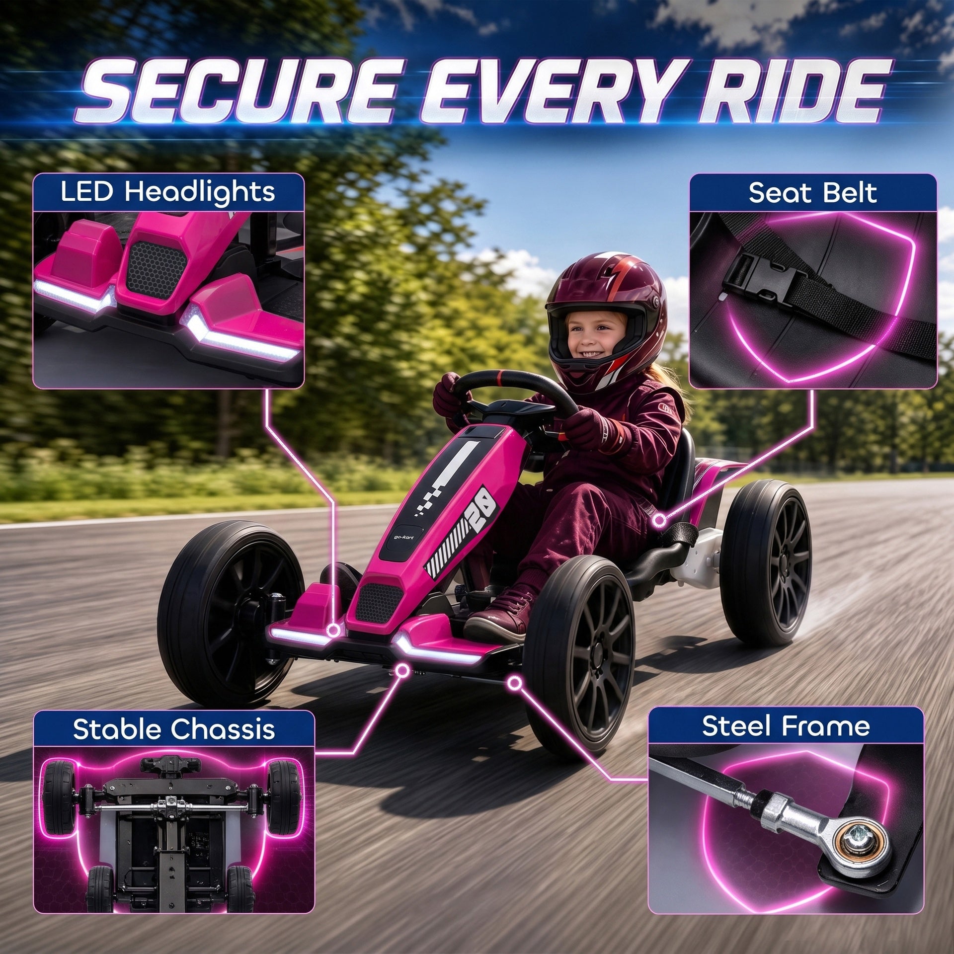 Qaba 12V Electric Go Kart for Kids with Dual Motors, Adjustable Seat, Soft Start, LED Lights, EVA Wheels, for Age 3-6, Pink