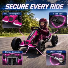 Qaba 12V Electric Go Kart for Kids with Dual Motors, Adjustable Seat, Soft Start, LED Lights, EVA Wheels, for Age 3-6, Pink
