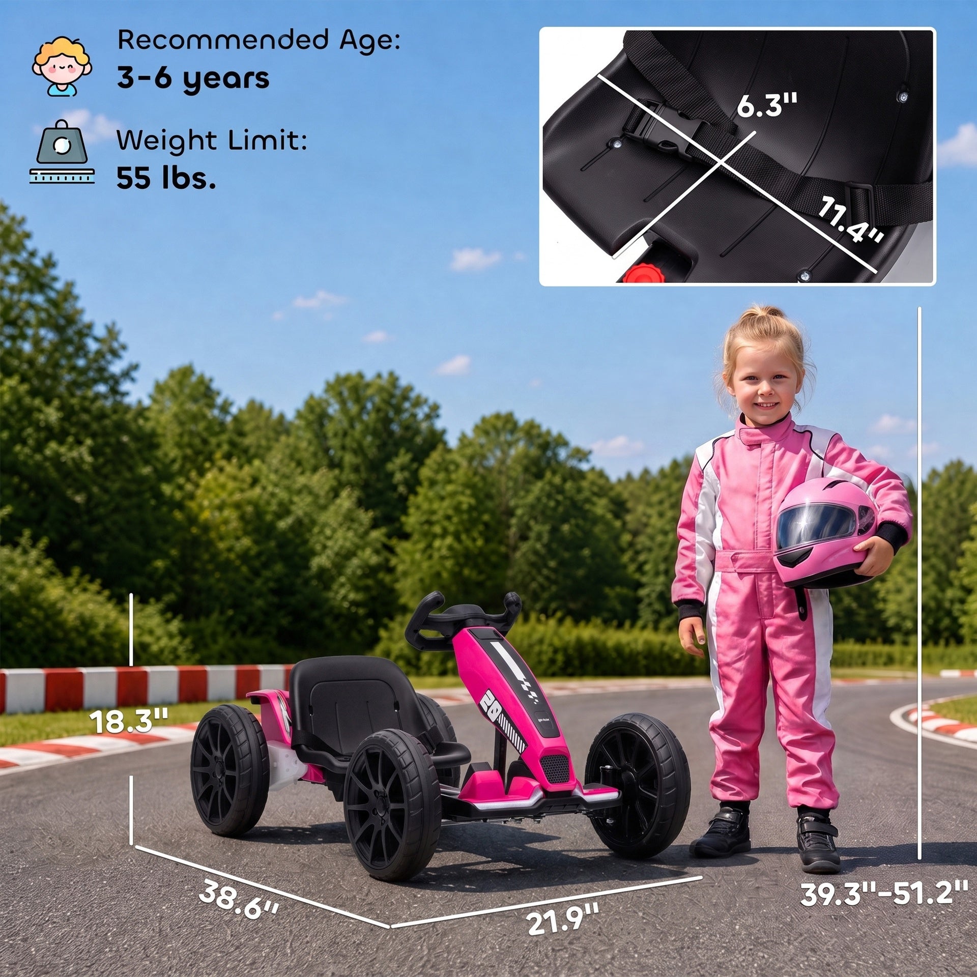 Qaba 12V Electric Go Kart for Kids with Dual Motors, Adjustable Seat, Soft Start, LED Lights, EVA Wheels, for Age 3-6, Pink