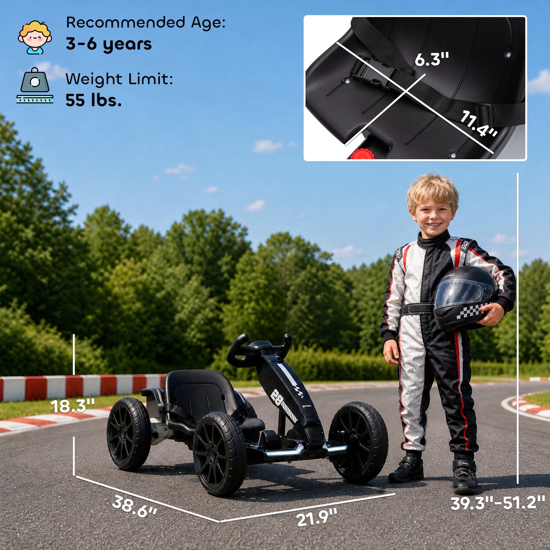 Qaba 12V Electric Go Kart for Kids with Dual Motors, Adjustable Seat, Soft Start, LED Lights, EVA Wheels, for Age 3-6, Black