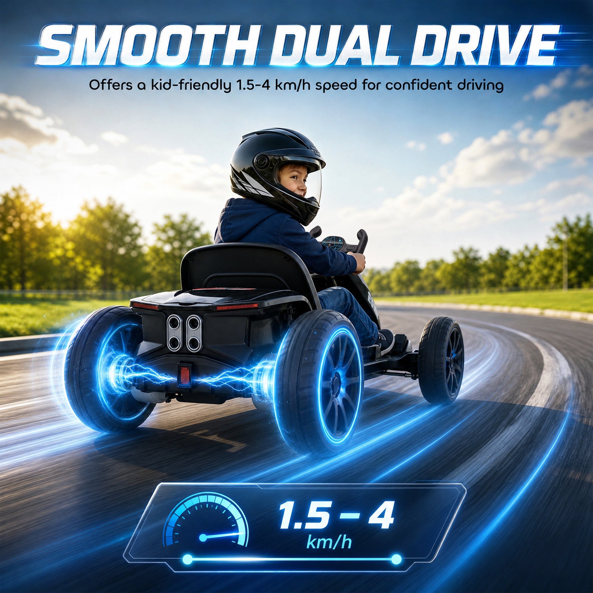 Qaba 12V Electric Go Kart for Kids with Dual Motors, Adjustable Seat, Soft Start, LED Lights, EVA Wheels, for Age 3-6, Black