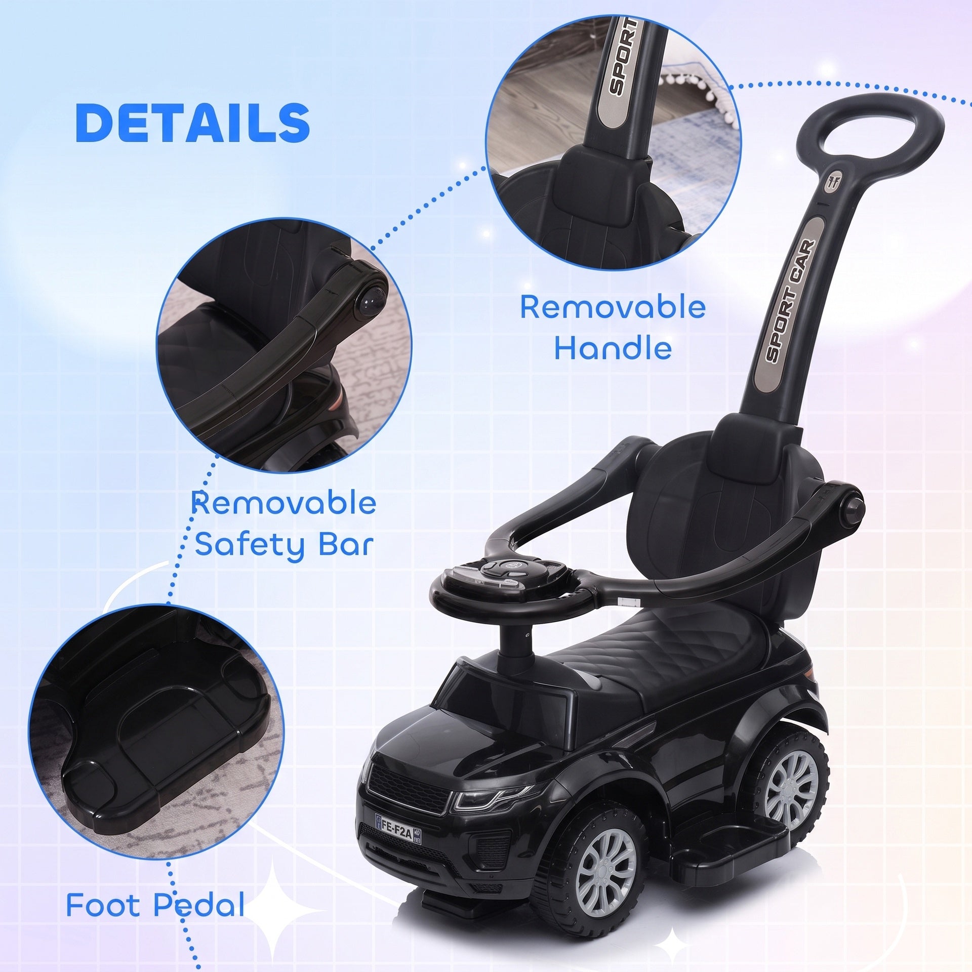 Aosom 3 In 1 Push Cars for Toddlers Kid Ride on Push Car Stroller Sliding Car with Horn Music Light Function, Black