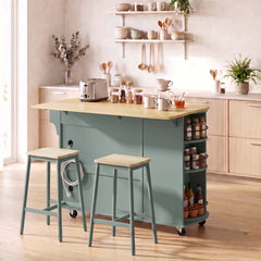 HOMCOM 53" Kitchen Island with Power Outlet and Drop Leaf, Kitchen Cart on Wheels with 360° Rotating Rack, Sage Green