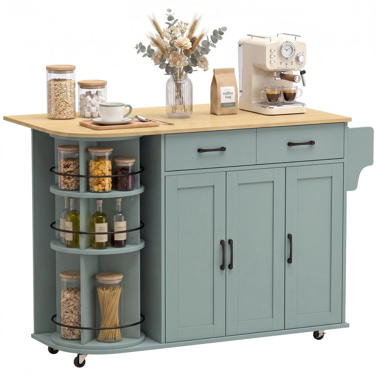 HOMCOM 53" Kitchen Island with Power Outlet and Drop Leaf, Kitchen Cart on Wheels with 360° Rotating Rack, Sage Green