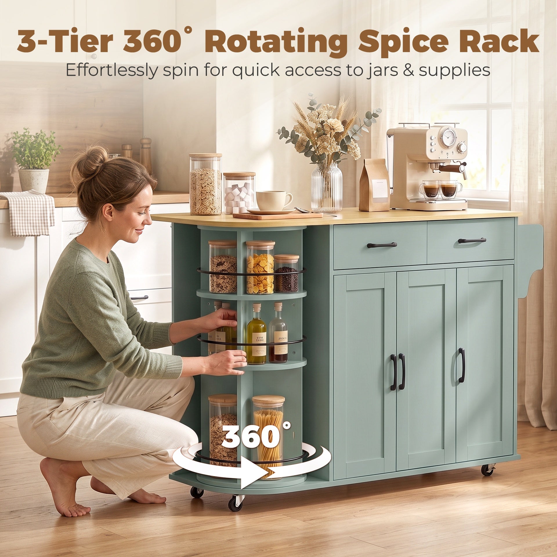 HOMCOM 53" Kitchen Island with Power Outlet and Drop Leaf, Kitchen Cart on Wheels with 360° Rotating Rack, Sage Green