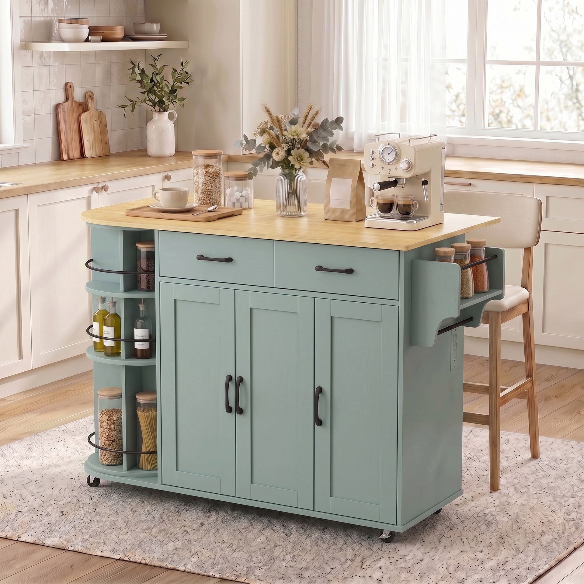 HOMCOM 53" Kitchen Island with Power Outlet and Drop Leaf, Kitchen Cart on Wheels with 360° Rotating Rack, Sage Green