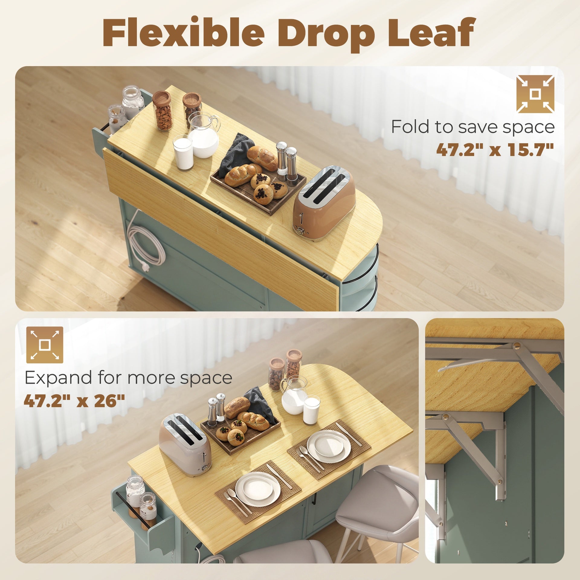 HOMCOM 53" Kitchen Island with Power Outlet and Drop Leaf, Kitchen Cart on Wheels with 360° Rotating Rack, Sage Green