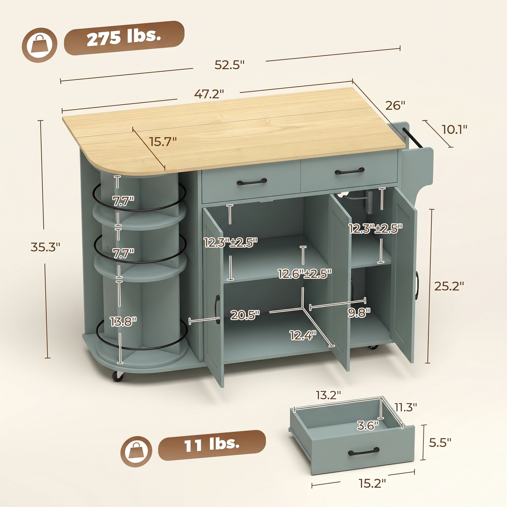 HOMCOM 53" Kitchen Island with Power Outlet and Drop Leaf, Kitchen Cart on Wheels with 360° Rotating Rack, Sage Green