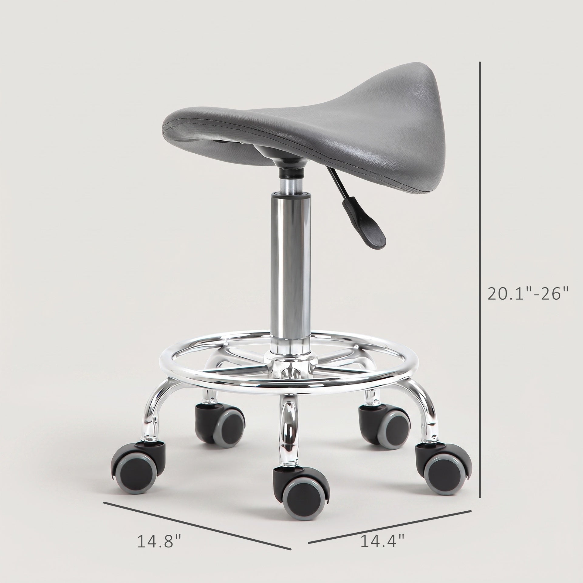 HOMCOM PU Leather Adjustable Stool, Rolling Saddle Stool with Wheels for Massage, Spa, Clinic, Beauty and Tattoo, Gray