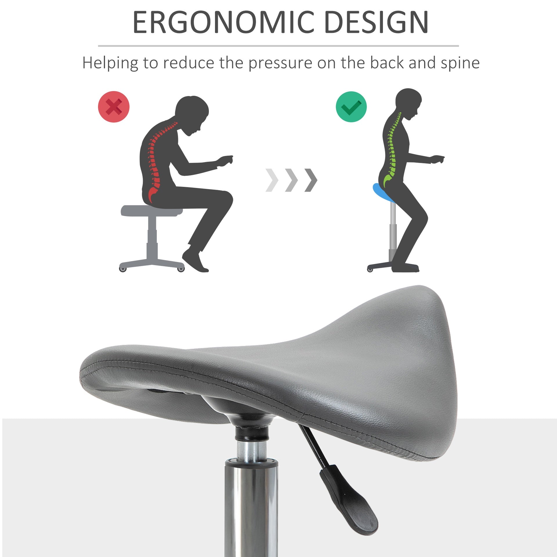 HOMCOM PU Leather Adjustable Stool, Rolling Saddle Stool with Wheels for Massage, Spa, Clinic, Beauty and Tattoo, Gray