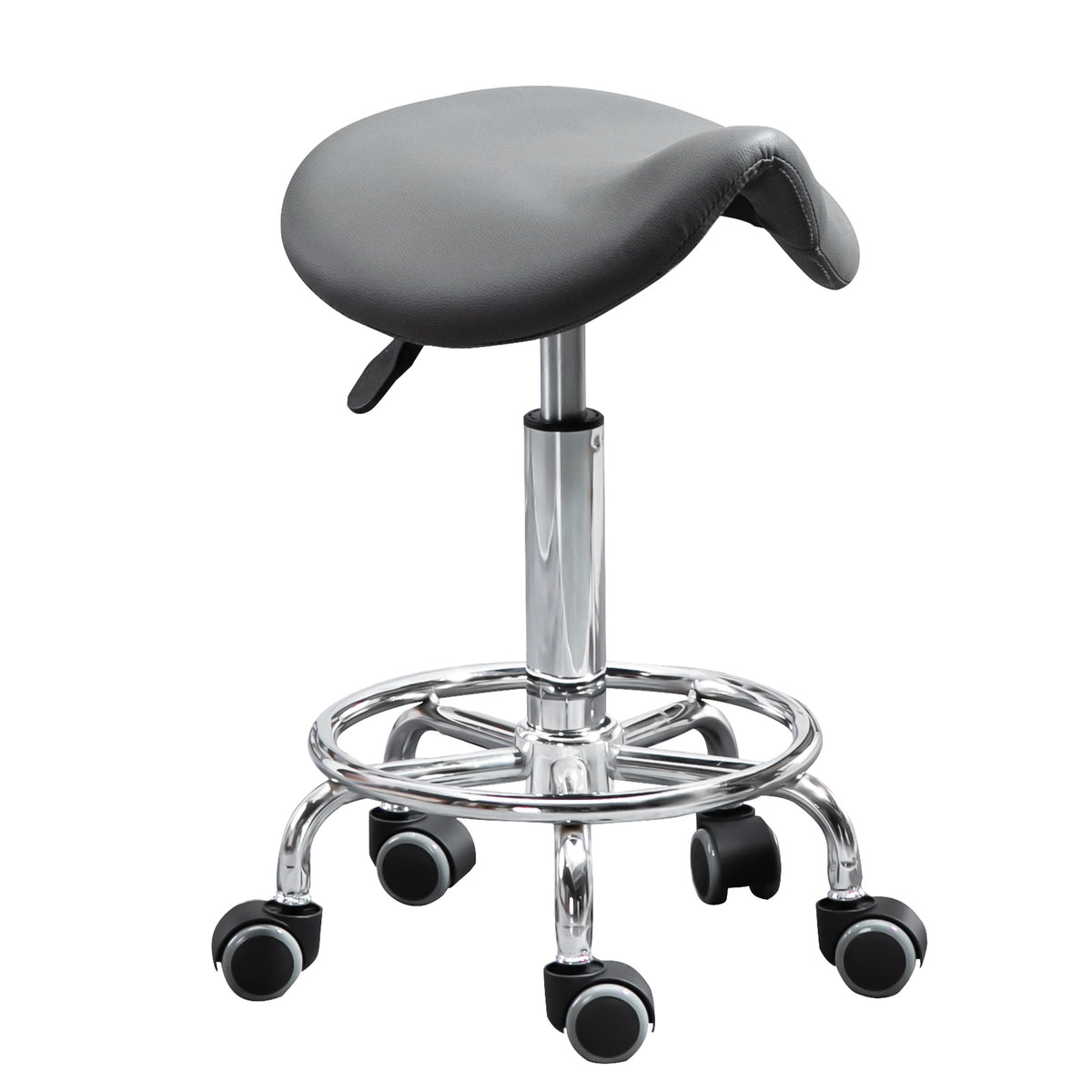 HOMCOM PU Leather Adjustable Stool, Rolling Saddle Stool with Wheels for Massage, Spa, Clinic, Beauty and Tattoo, Gray