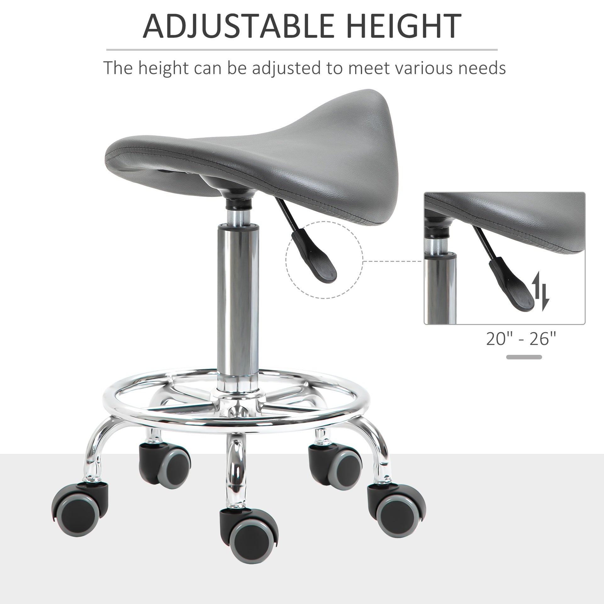 HOMCOM PU Leather Adjustable Stool, Rolling Saddle Stool with Wheels for Massage, Spa, Clinic, Beauty and Tattoo, Gray