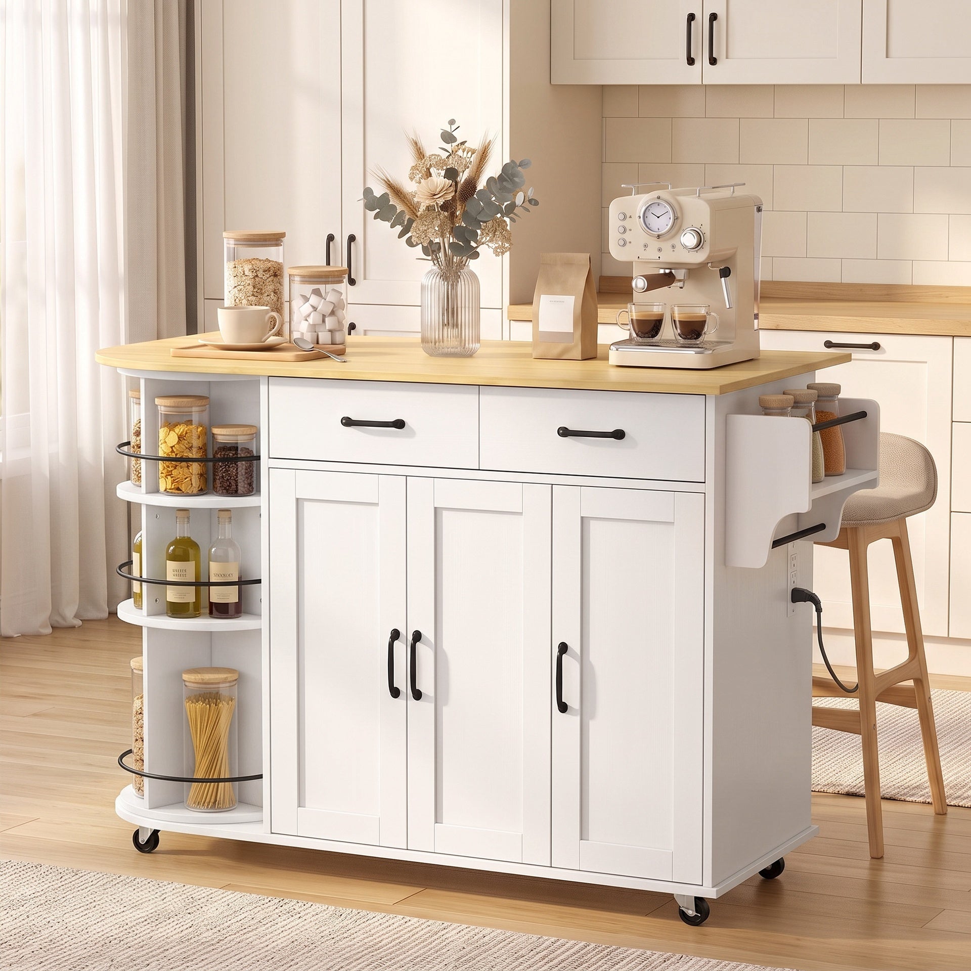 HOMCOM 53" Kitchen Island with Power Outlet and Drop Leaf, Kitchen Cart on Wheels with 360° Rotating Rack, White