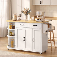 HOMCOM 53" Kitchen Island with Power Outlet and Drop Leaf, Kitchen Cart on Wheels with 360° Rotating Rack, White