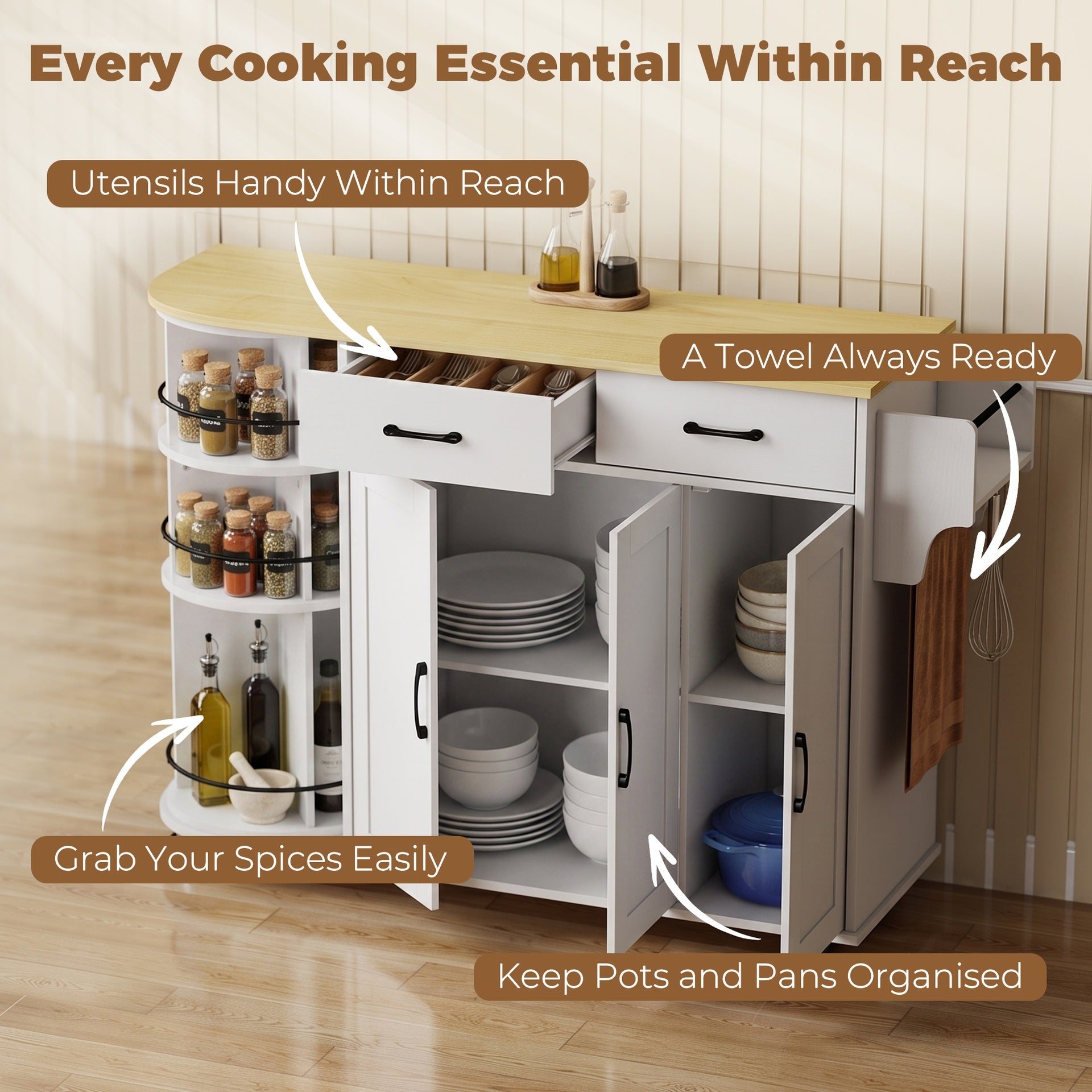 HOMCOM 53" Kitchen Island with Power Outlet and Drop Leaf, Kitchen Cart on Wheels with 360° Rotating Rack, White