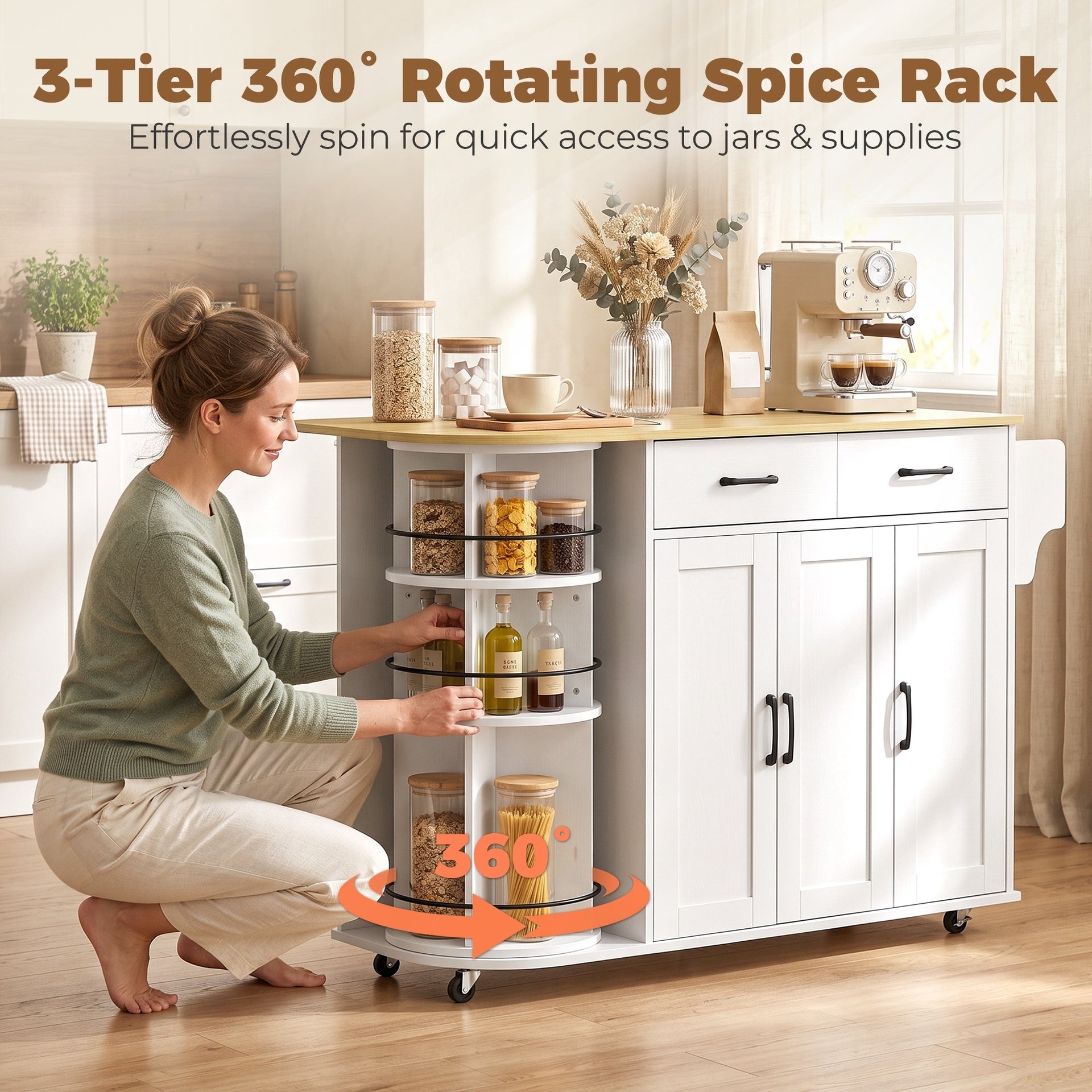 HOMCOM 53" Kitchen Island with Power Outlet and Drop Leaf, Kitchen Cart on Wheels with 360° Rotating Rack, White