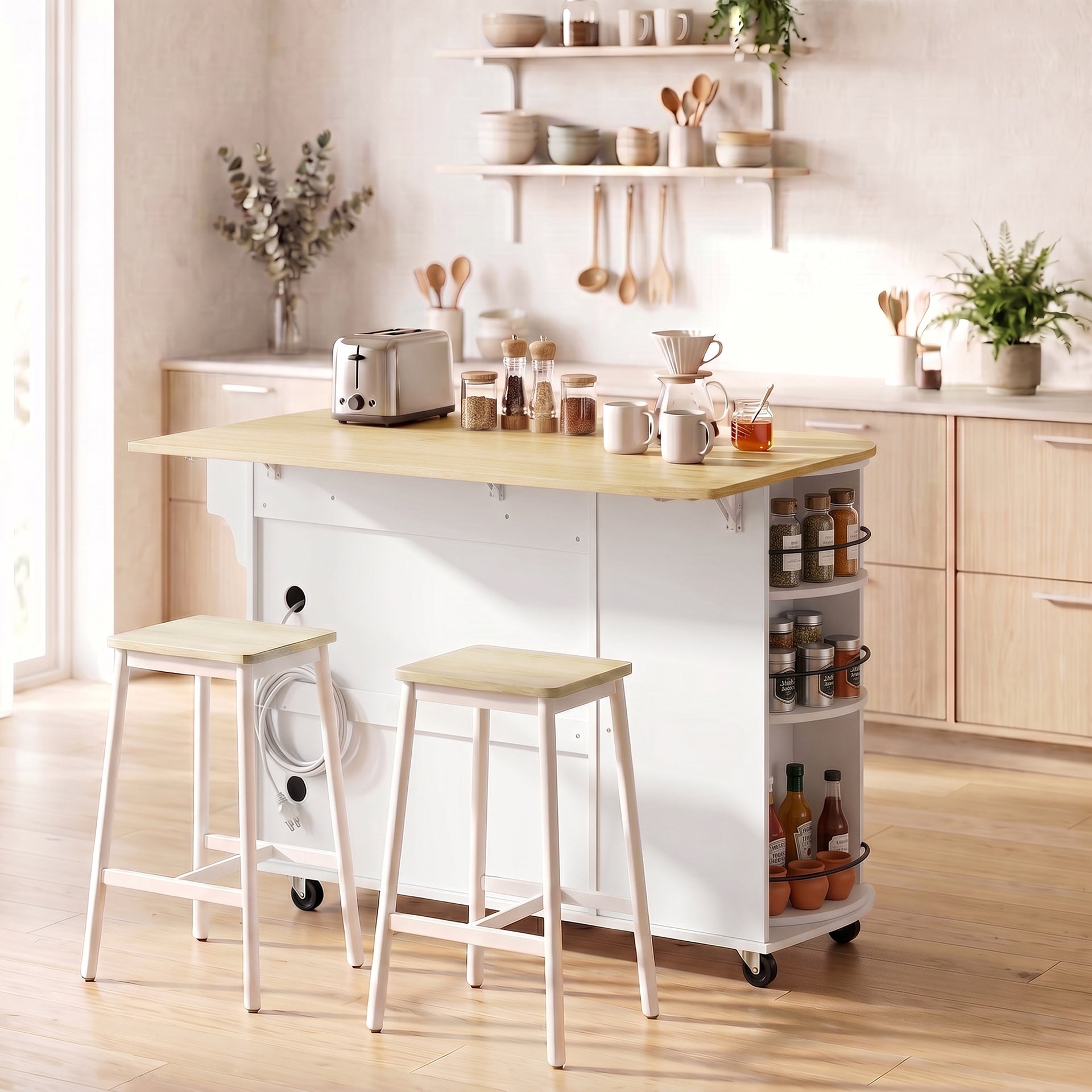 HOMCOM 53" Kitchen Island with Power Outlet and Drop Leaf, Kitchen Cart on Wheels with 360° Rotating Rack, White