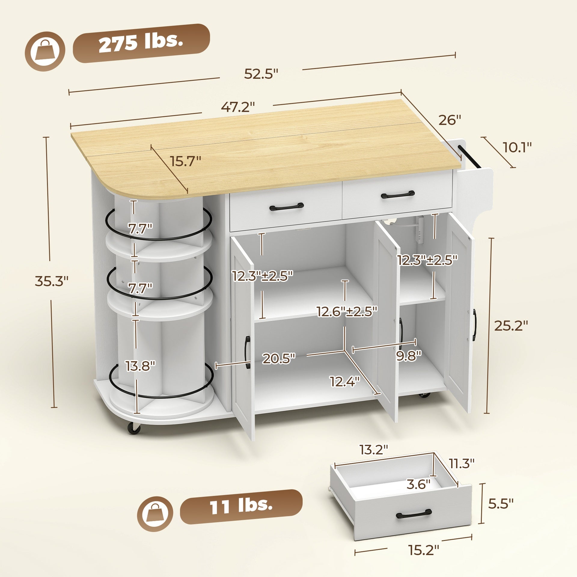 HOMCOM 53" Kitchen Island with Power Outlet and Drop Leaf, Kitchen Cart on Wheels with 360° Rotating Rack, White