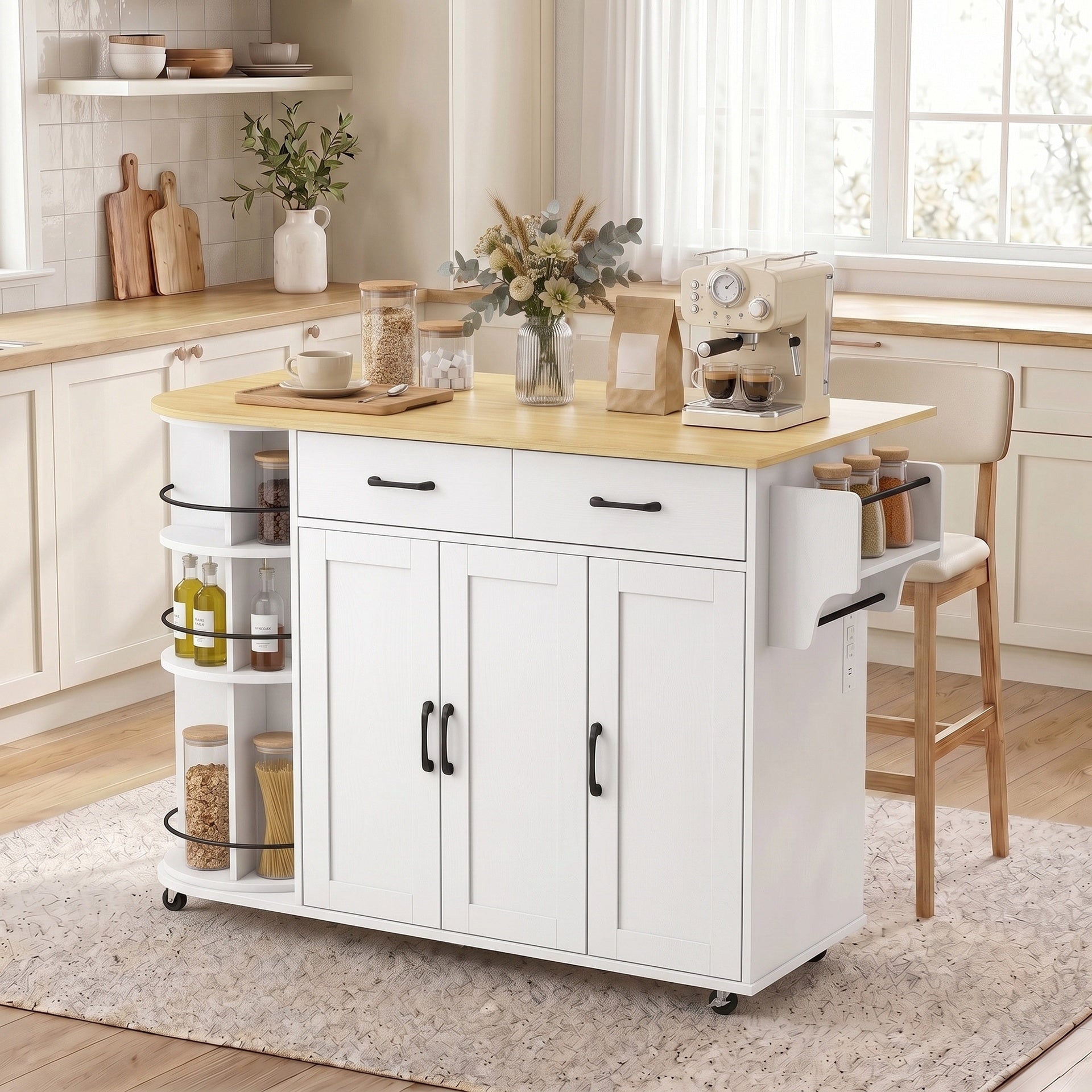 HOMCOM 53" Kitchen Island with Power Outlet and Drop Leaf, Kitchen Cart on Wheels with 360° Rotating Rack, White
