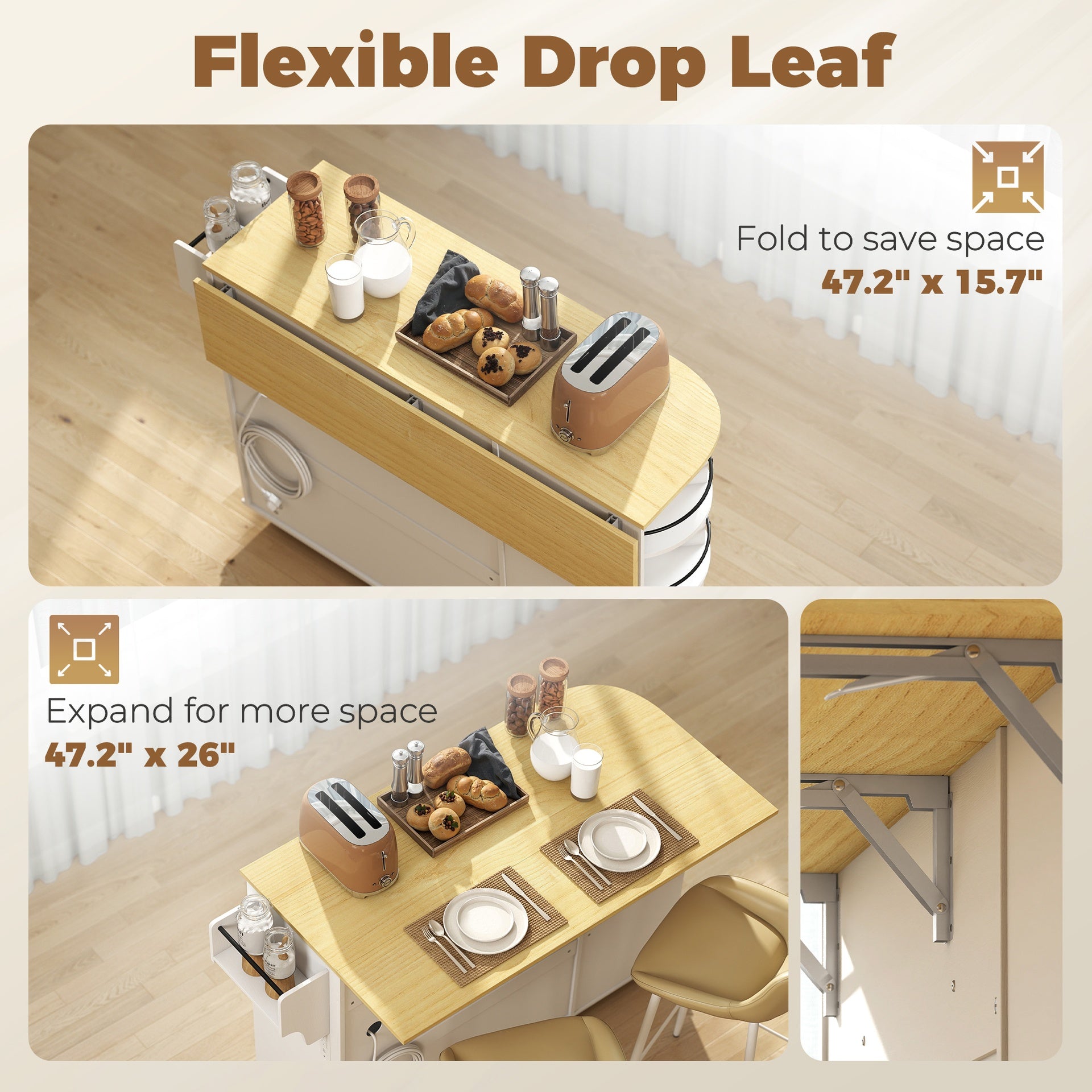HOMCOM 53" Kitchen Island with Power Outlet and Drop Leaf, Kitchen Cart on Wheels with 360° Rotating Rack, White
