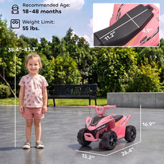 Qaba Kids ATV, 6V Battery Powered Kids Quad with 4 Wheeler, Handlebar Button Control, Max 1.2MPH, Max 55lbs Load, Light Pink