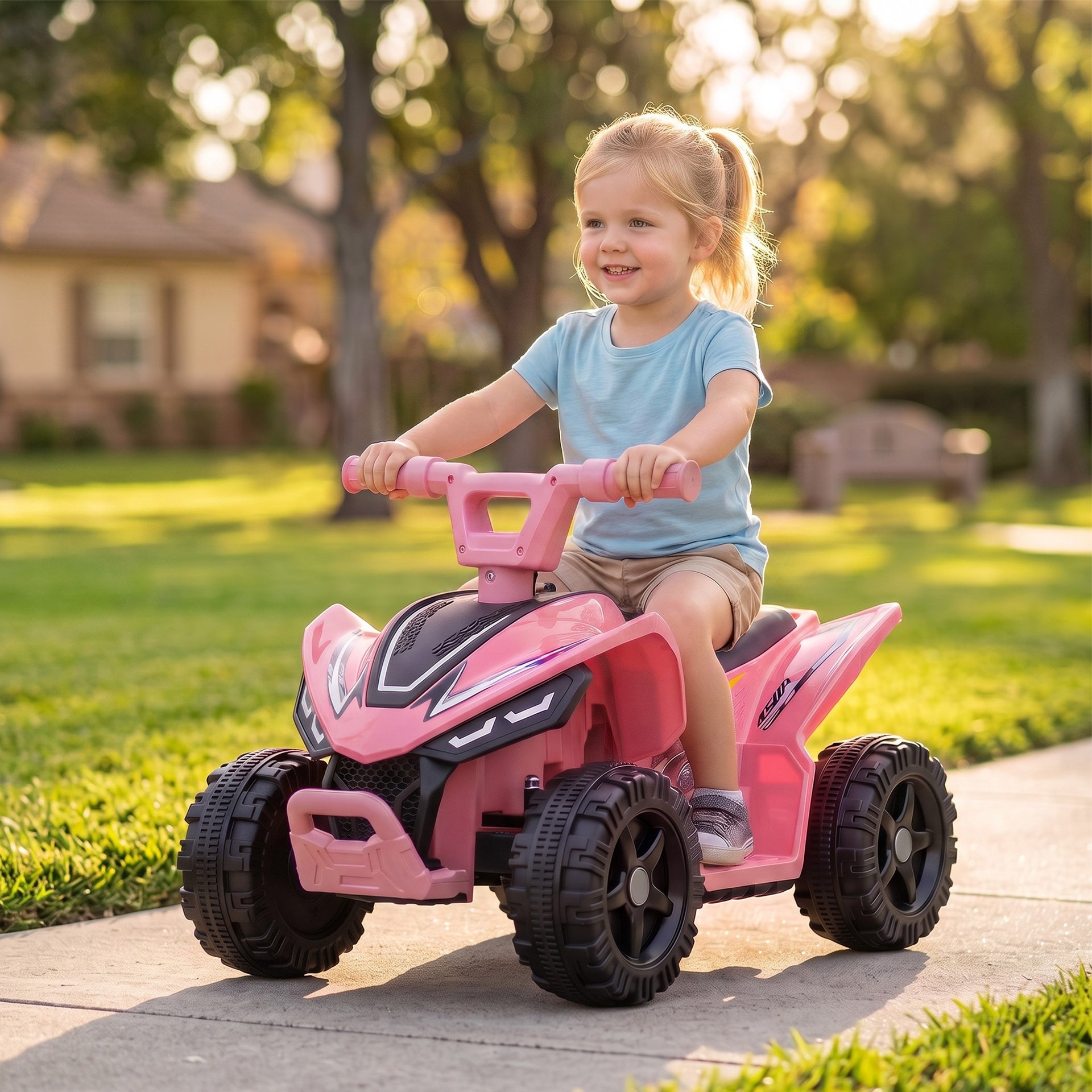 Qaba Kids ATV, 6V Battery Powered Kids Quad with 4 Wheeler, Handlebar Button Control, Max 1.2MPH, Max 55lbs Load, Light Pink