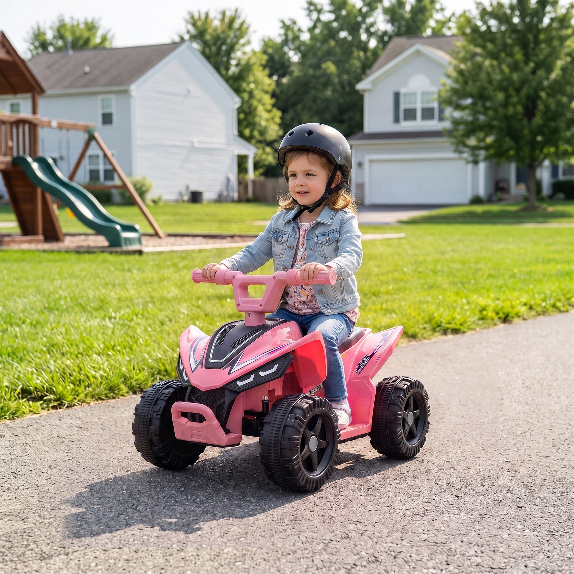 Qaba Kids ATV, 6V Battery Powered Kids Quad with 4 Wheeler, Handlebar Button Control, Max 1.2MPH, Max 55lbs Load, Light Pink