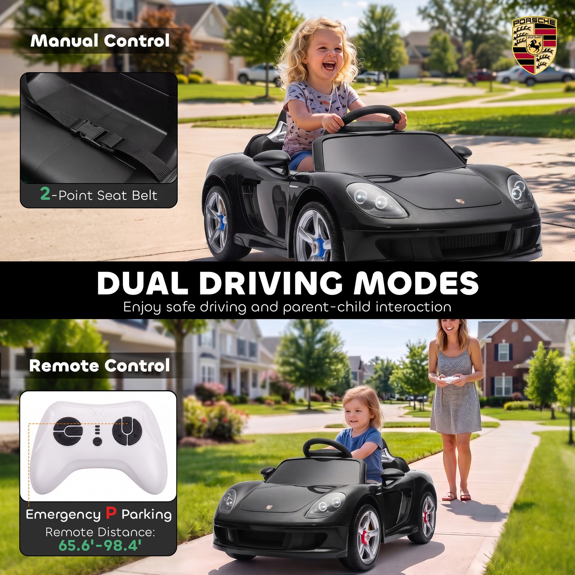 Qaba 12V Kids Ride On Car, Licensed Porsche Carrera GT with Remote, Rear Suspension, Smooth Start for Ages 3-6, Black