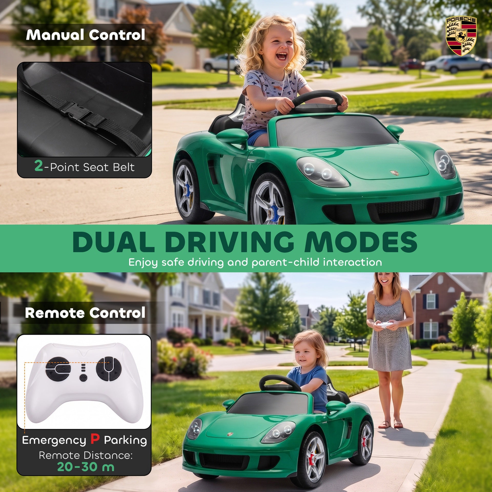 Qaba 12V Kids Ride On Car, Licensed Porsche Carrera GT with Remote, Rear Suspension, Smooth Start for Ages 3-6, Green
