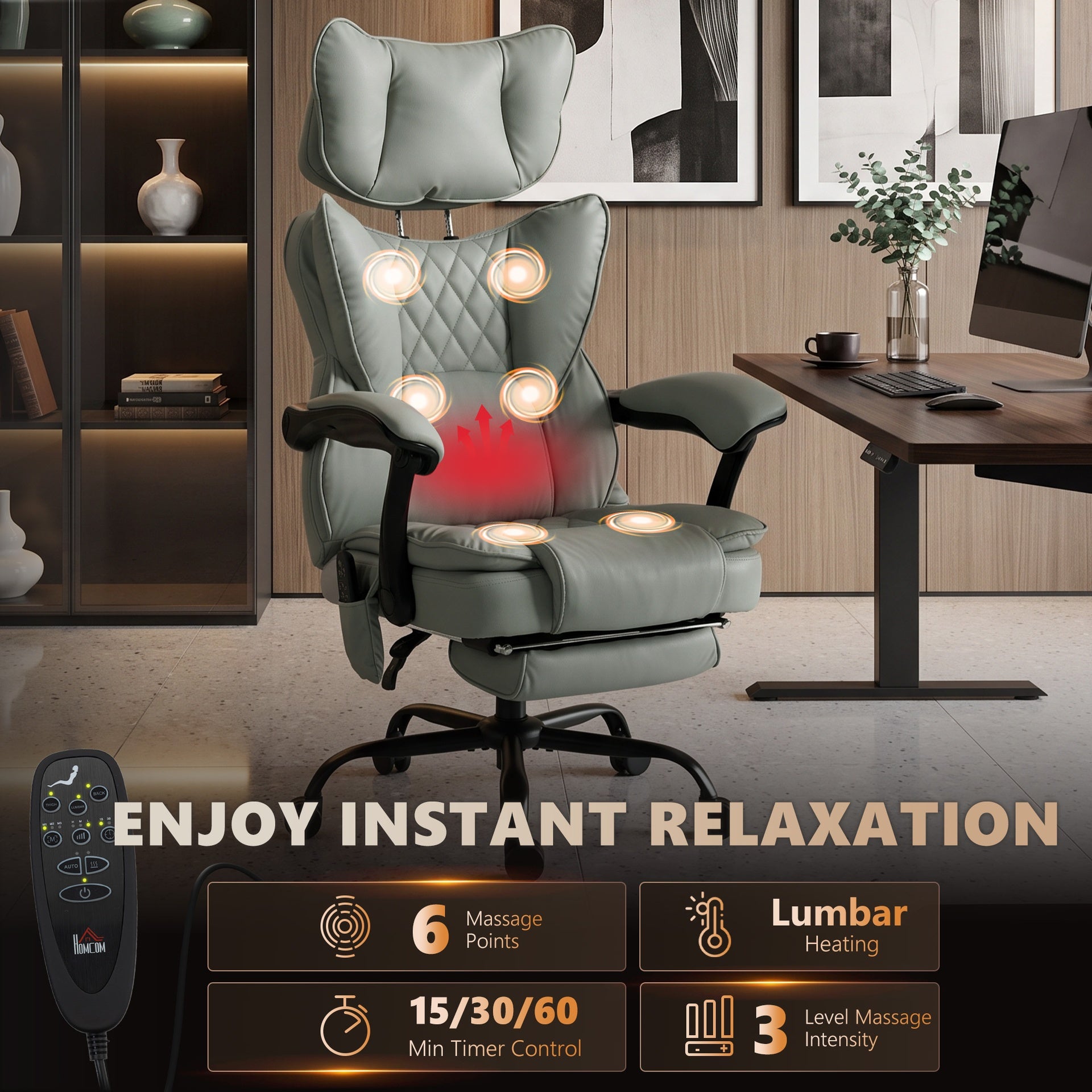 HOMCOM High Back Vibration Massage Office Chair, Heated Reclining PU Leather Computer Chair with Headrest, Gray